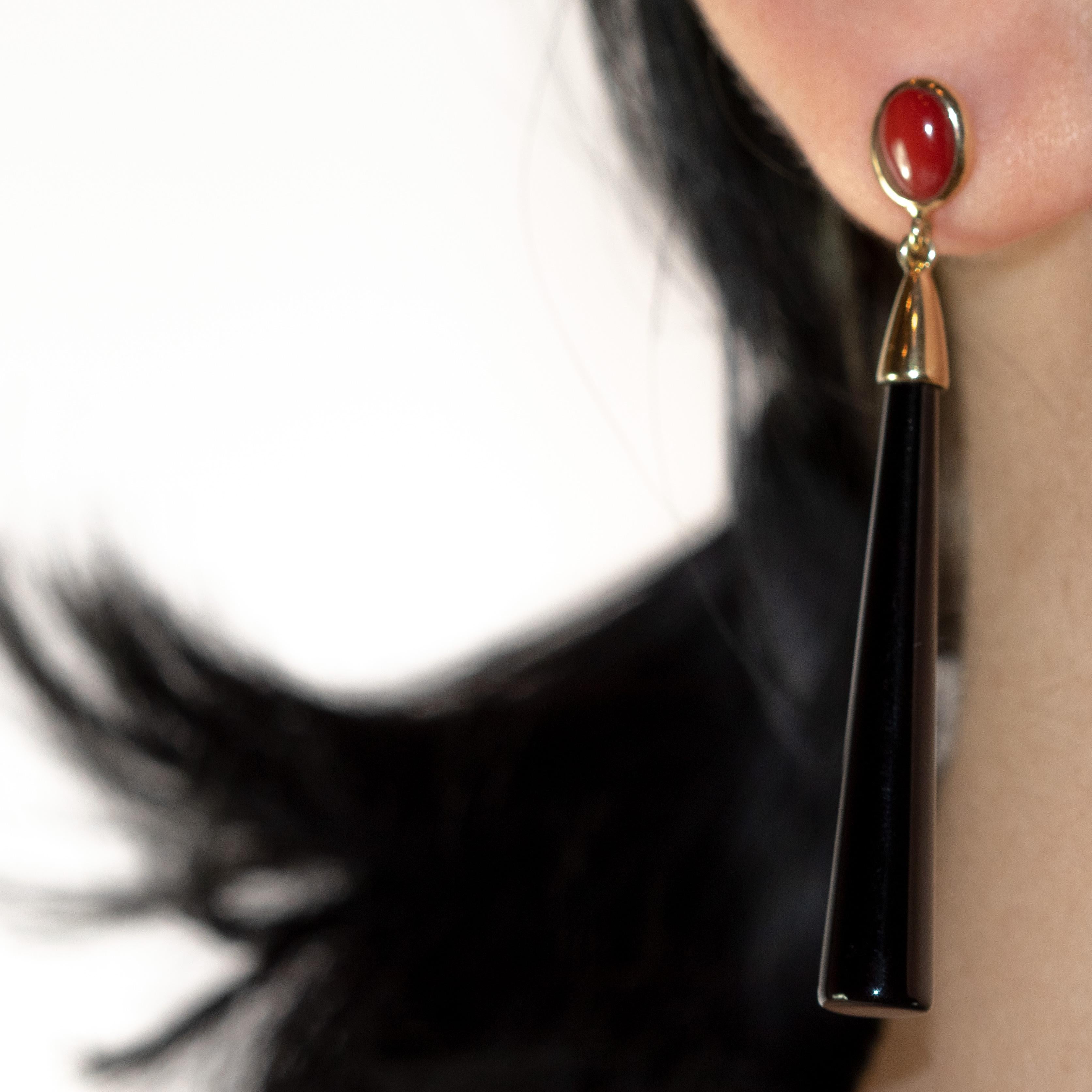 Cammeo Red Coral Drops Black Agate 18 Karat Gold Line Long Carved Lux Earrings 3