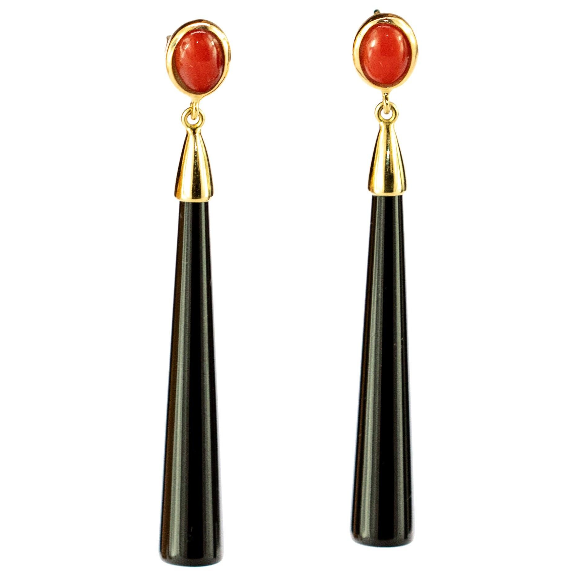 Cammeo Red Coral Drops Black Agate 18 Karat Gold Line Long Carved Lux Earrings