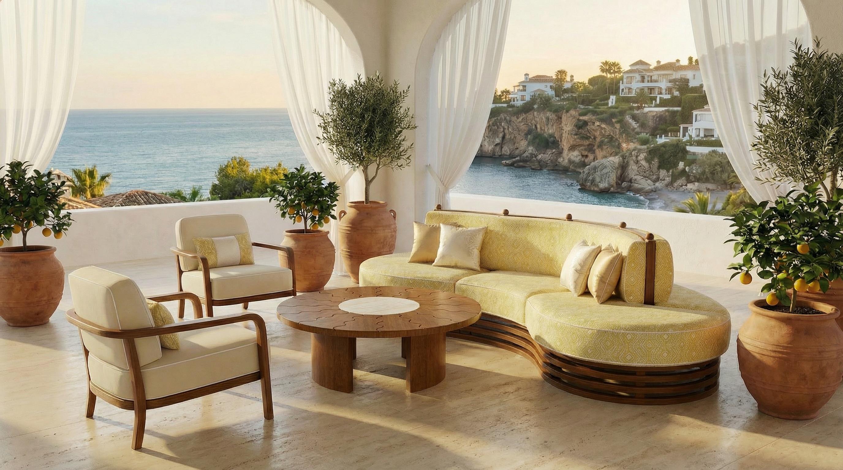 Camogli Outdoor-Sofa aus Iroko-Holz mit gelb gemusterten Polstern (Organische Moderne) im Angebot