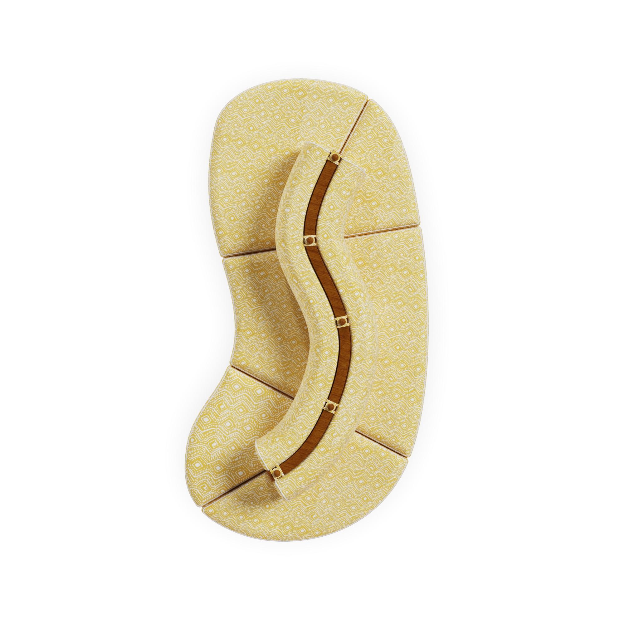 Portoghese Divano da esterno Camogli in Wood Wood Iroko con cuscini a fantasia gialla in vendita