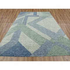 Camouflage Green Wool Hand Knotted Geometric Art Deco Collection Oriental Rug