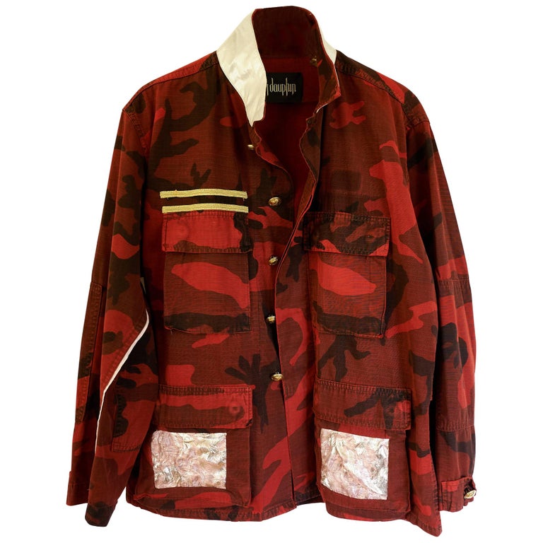 Camouflage Jacket Red Military Pink Brocade Silk One of a kind J Dauphin  For Sale at 1stDibs