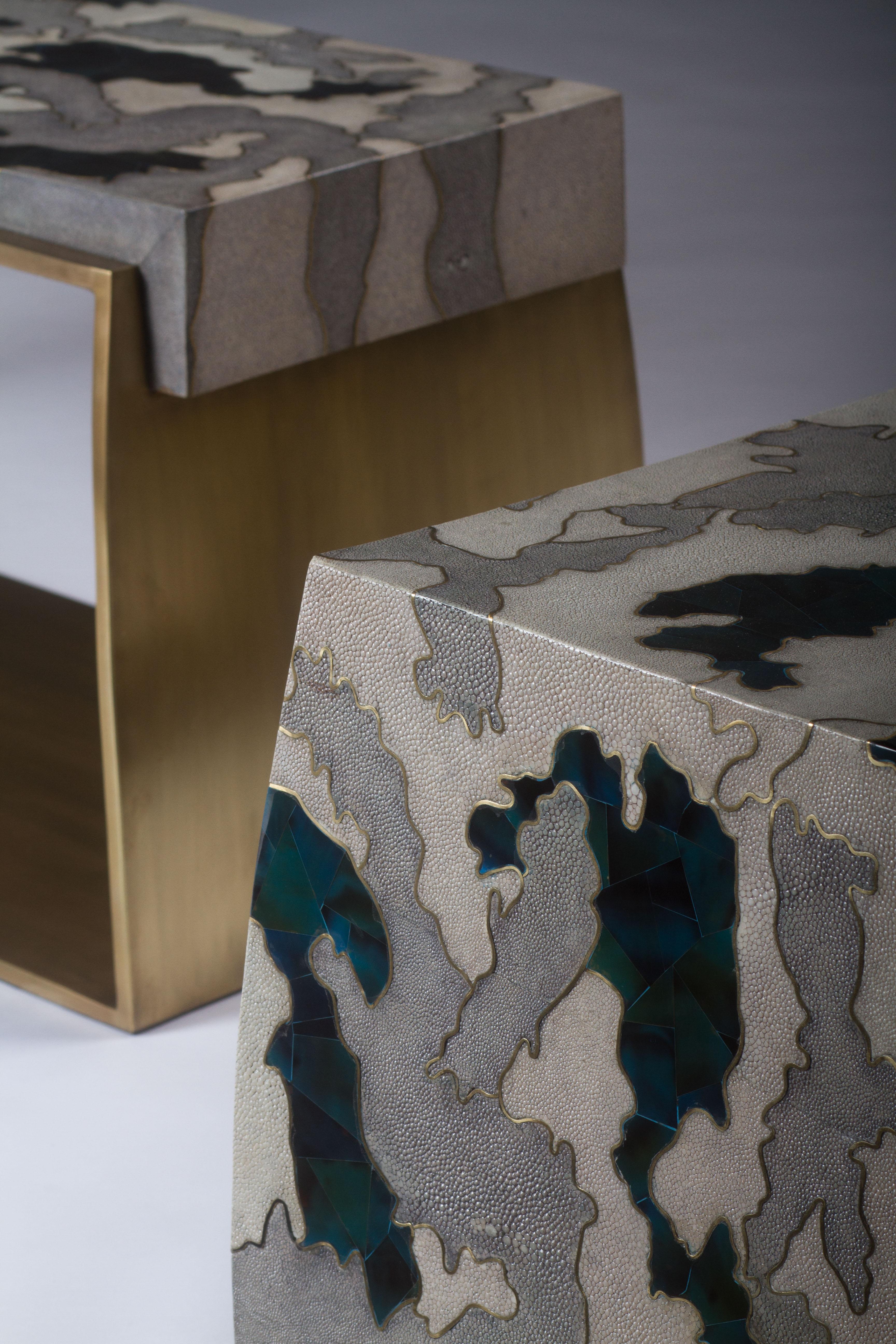 Hand-Crafted Camouflage-Pattern Inlaid Stool / Mini Bench in Shagreen & Shell by R&Y Augousti For Sale