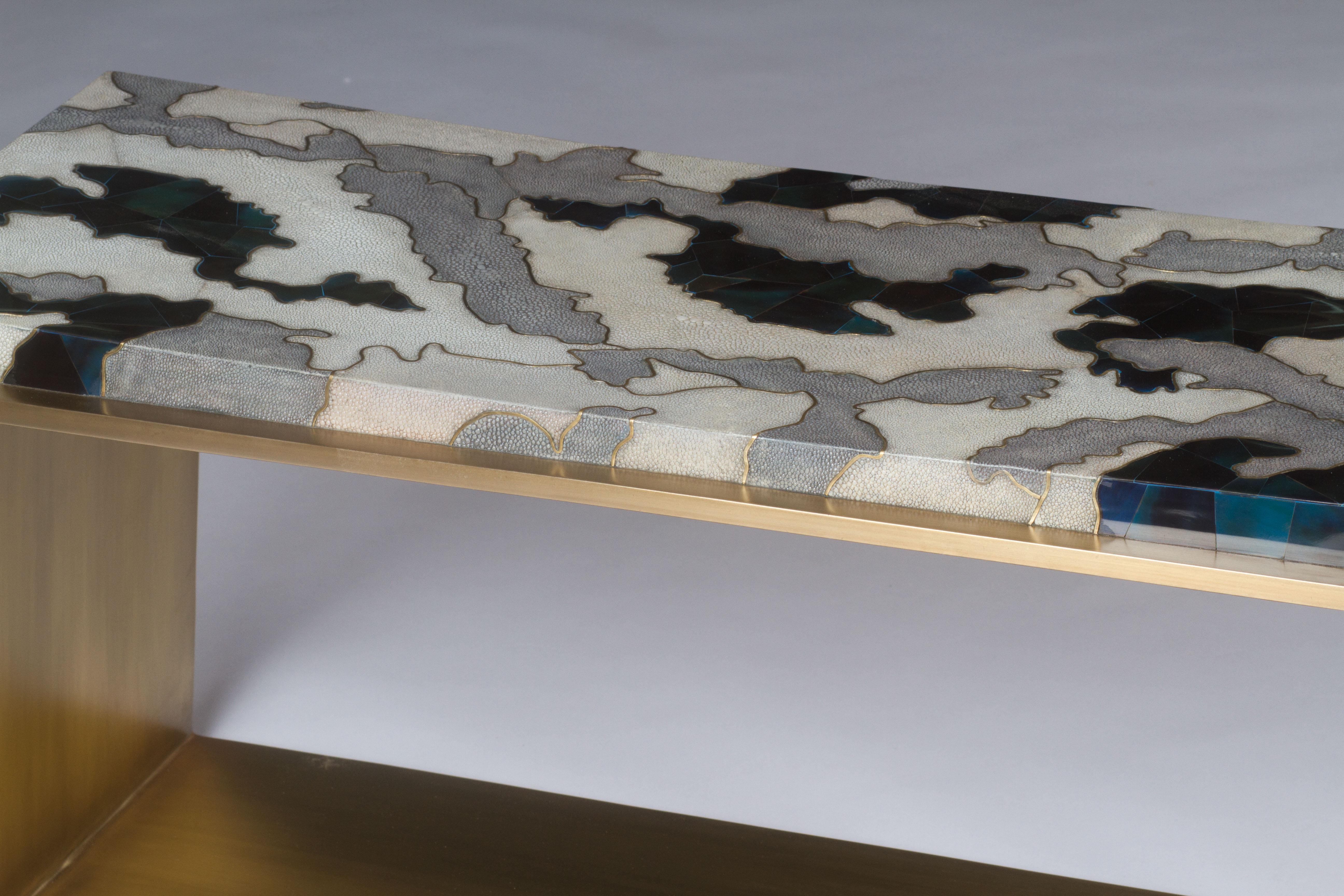 Brass Camouflage-Pattern Inlaid Stool / Mini Bench in Shagreen & Shell by R&Y Augousti For Sale