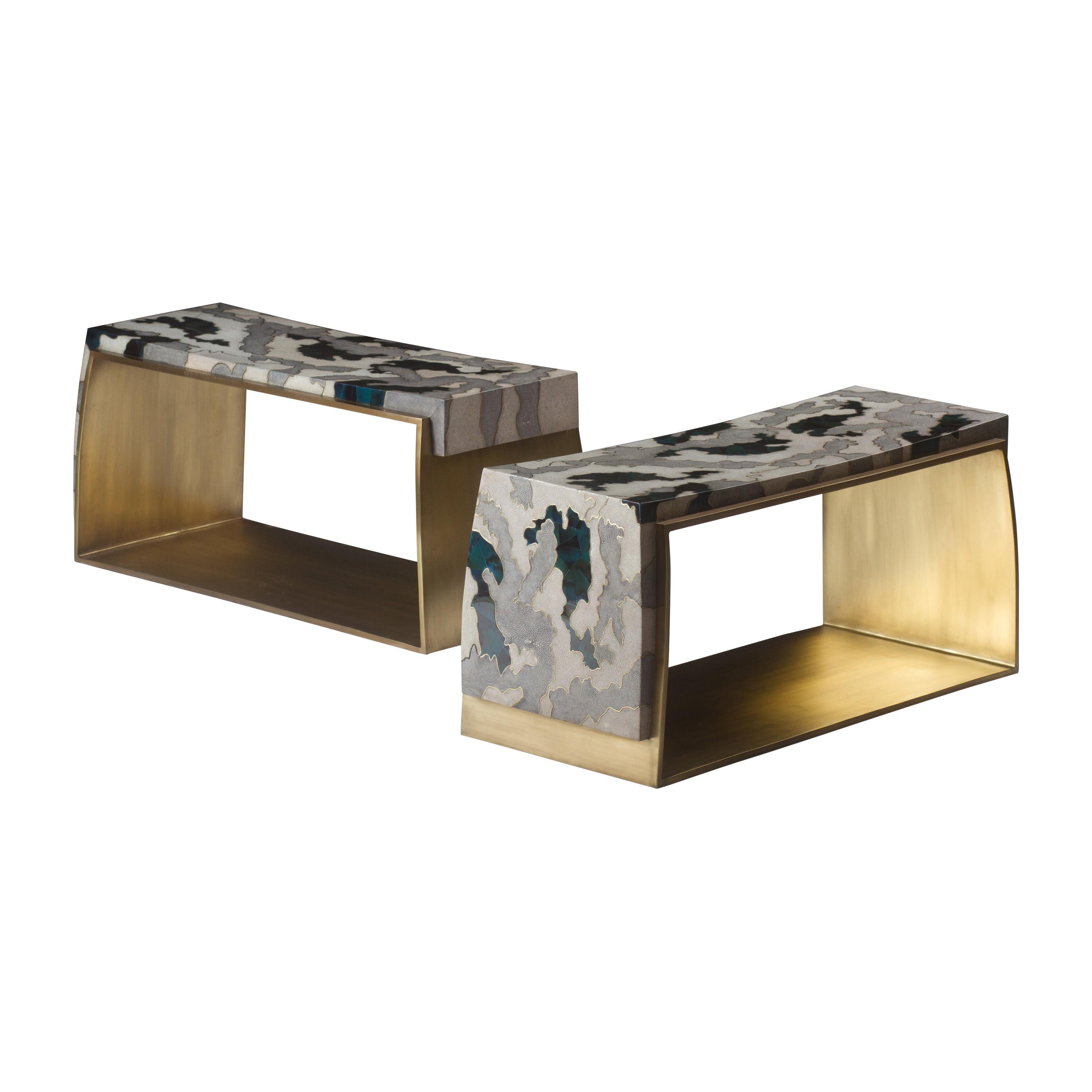 Camouflage-Pattern Inlaid Stool / Mini Bench in Shagreen & Shell by R&Y Augousti