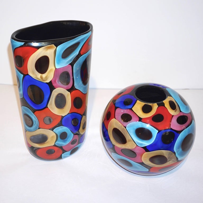 Hand-Crafted Camozzo 1990 Modern Black Azure Blue Red Pink Yellow Murano Glass Vase For Sale