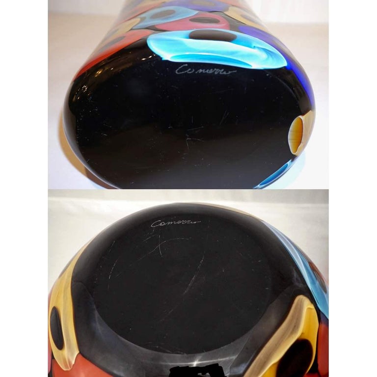 Camozzo 1990 Modern Black Azure Blue Red Pink Yellow Murano Glass Vase In Excellent Condition For Sale In New York, NY