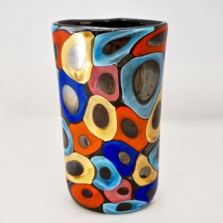 Late 20th Century Camozzo 1990 Modern Black Azure Blue Red Pink Yellow Murano Glass Vase For Sale