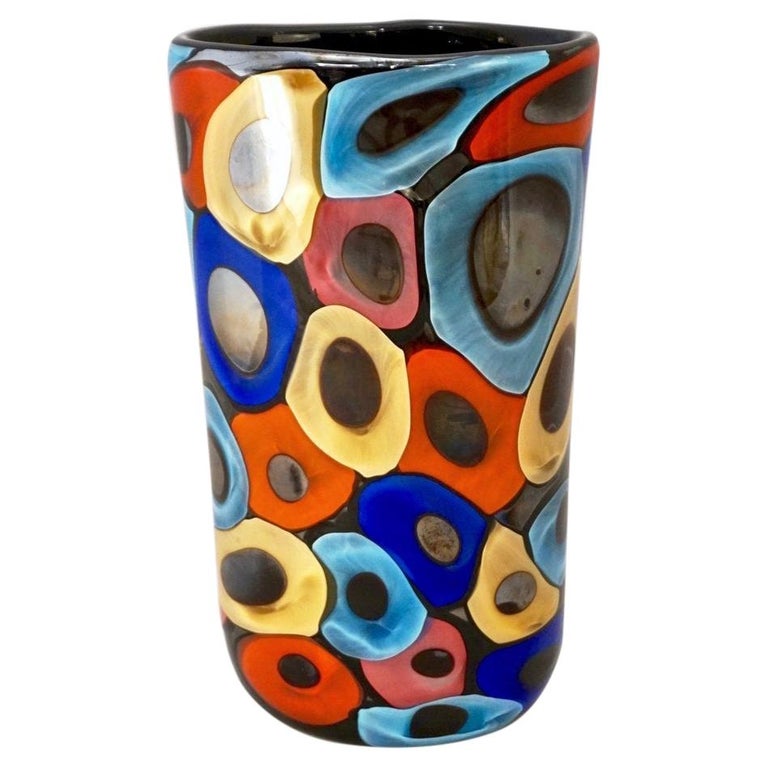 Camozzo 1990 Modern Black Azure Blue Red Pink Yellow Murano Glass Vase For Sale