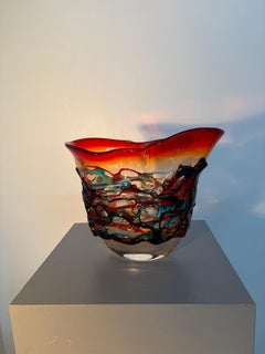 Camozzo Murano Art Glass Bowl Vase with a Red Rim and Multicolored Appliqué