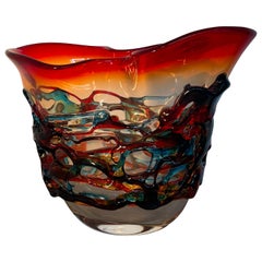Camozzo Murano Art Glass Bowl Vase with a Red Rim and Multicolored Appliqué