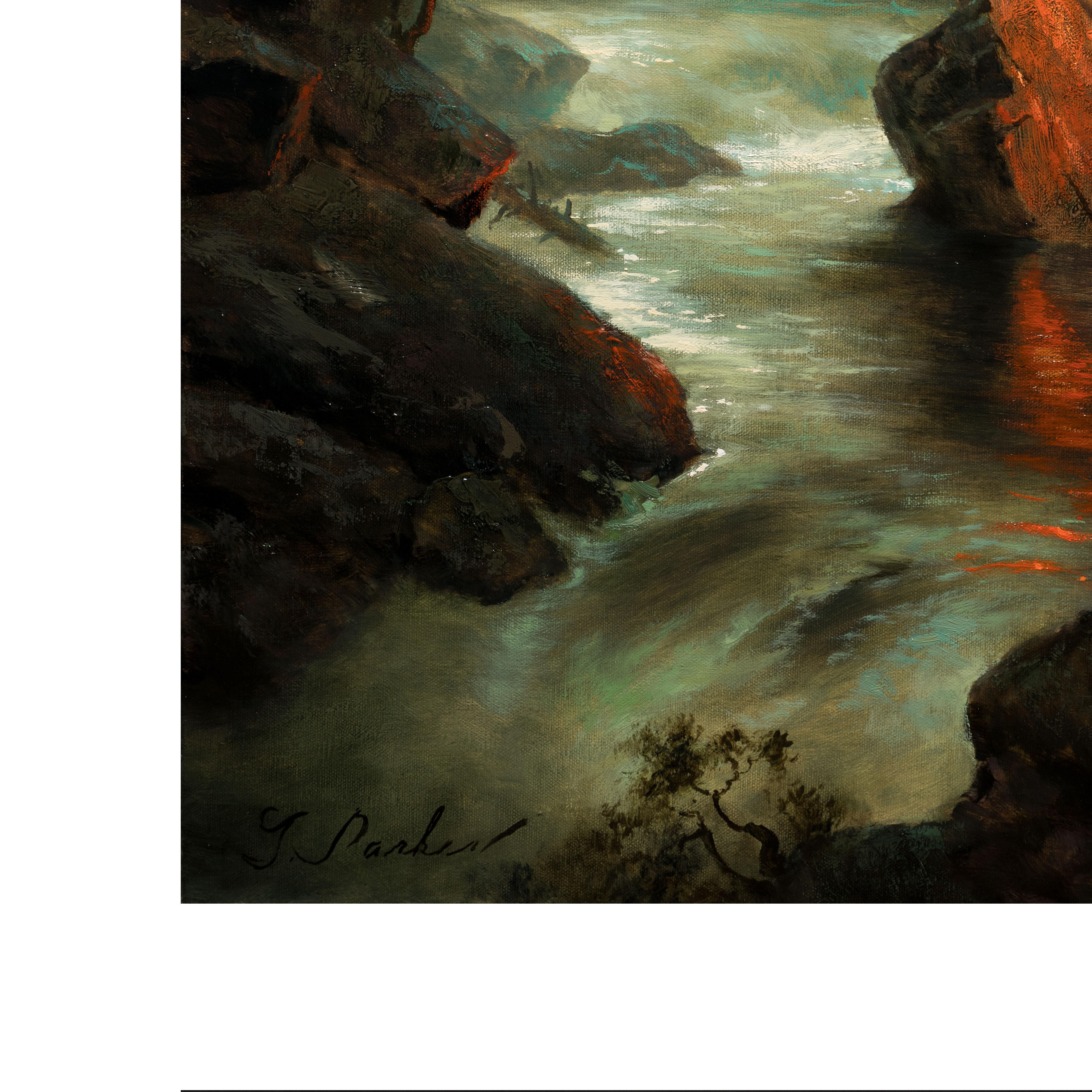Américain « Camp in the Rapids » - Peinture à l'huile originale de Greg Parker en vente