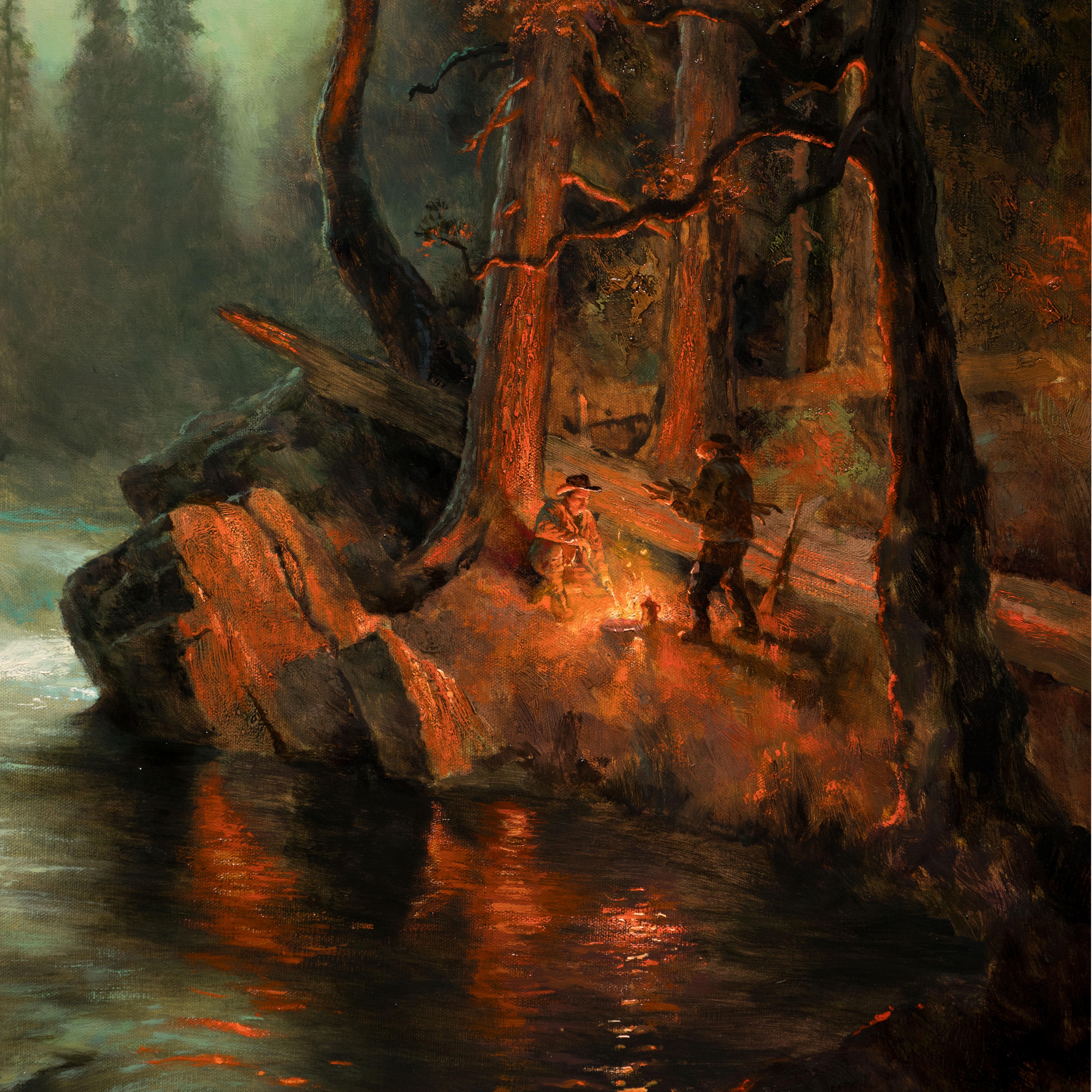 Peint à la main « Camp in the Rapids » - Peinture à l'huile originale de Greg Parker en vente