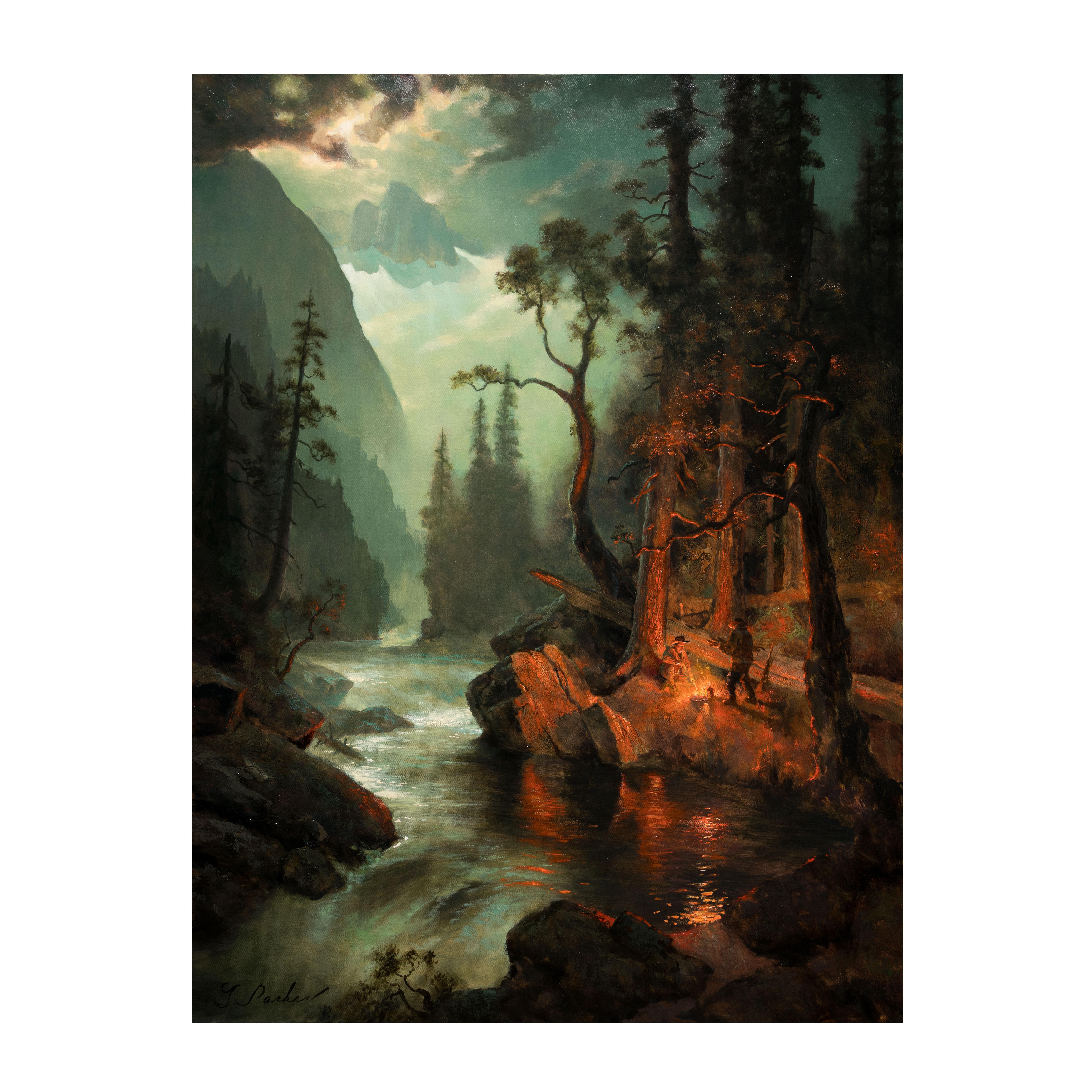« Camp in the Rapids » - Peinture à l'huile originale de Greg Parker Neuf - En vente à Coeur d'Alene, ID