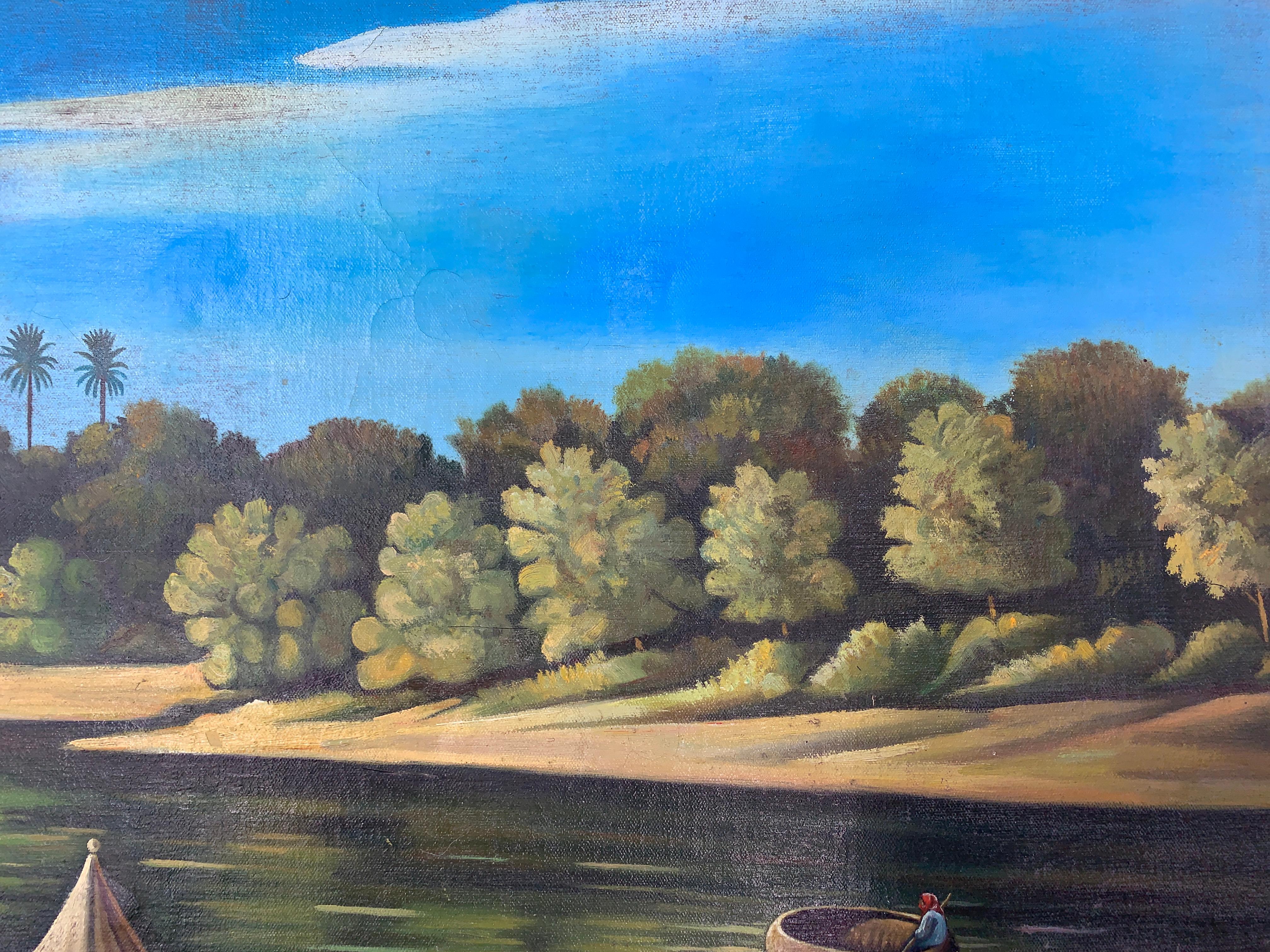 20ième siècle Camp on the Tigris, huile sur toile, Abdul Kadir Al Rassam « Iraq, 1882-1952 »