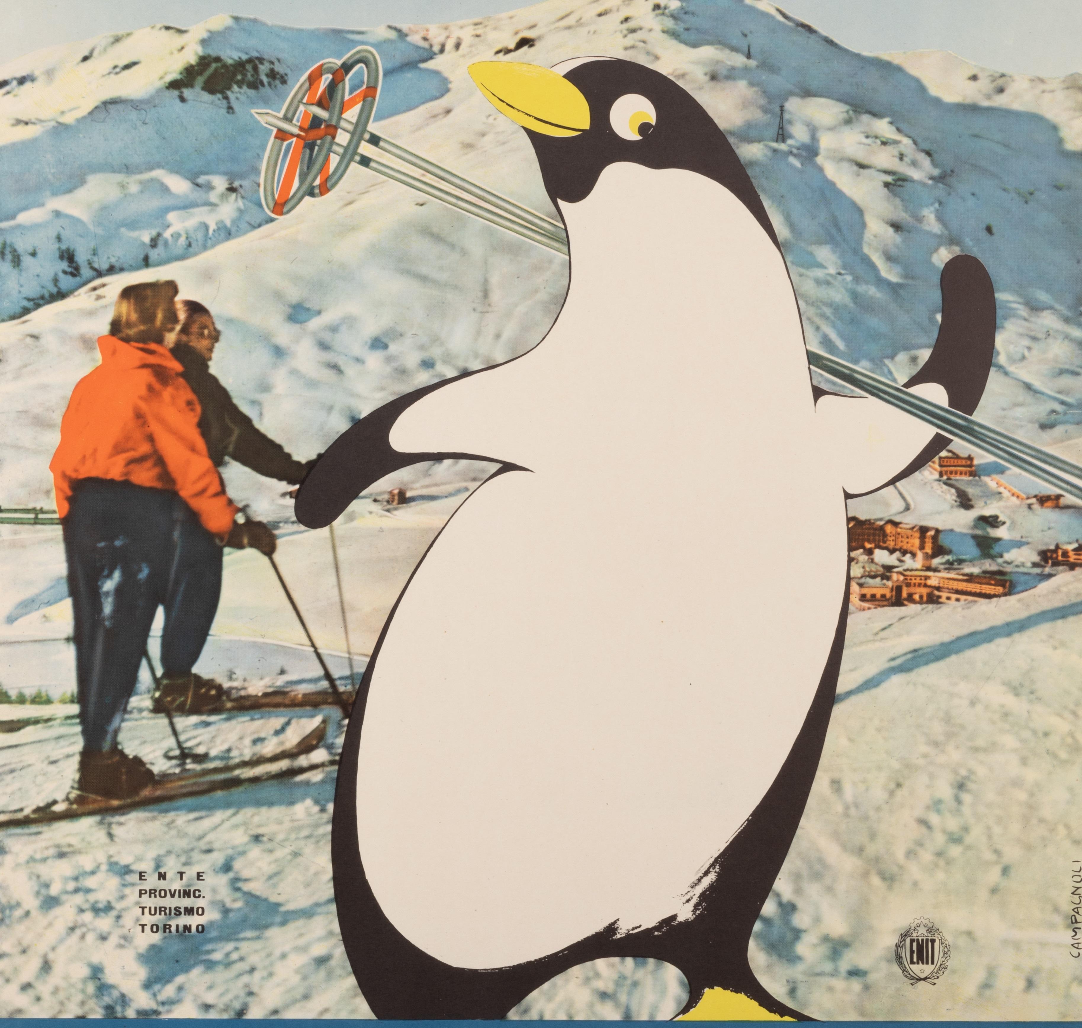 Original Vintage Poster for Winter Sports in Turin in Italy created by Campagnoli in 1955.

Artist: Campagnoli Adalberto 
Title: Turin – Sports d’Hiver - Italie
Date: circa 1955
Size: 24.4 x 39.8 in. / 62 x 101 cm.
Printer: ROGGERO ET TORTIA,