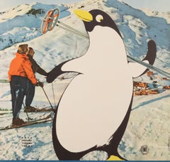 Campagnoli, Original Skiing Poster, Turin, Winter Sports, Penguin, Italy, 1955