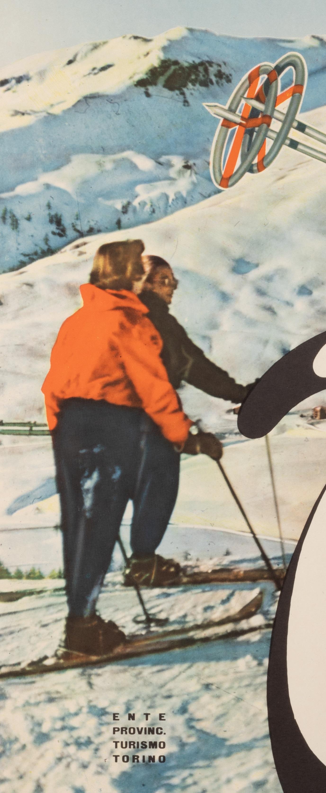 Campagnoli, Cartel original de esquí, Turín, Deportes de invierno, Pingüino, Italia, 1955 Francés en venta