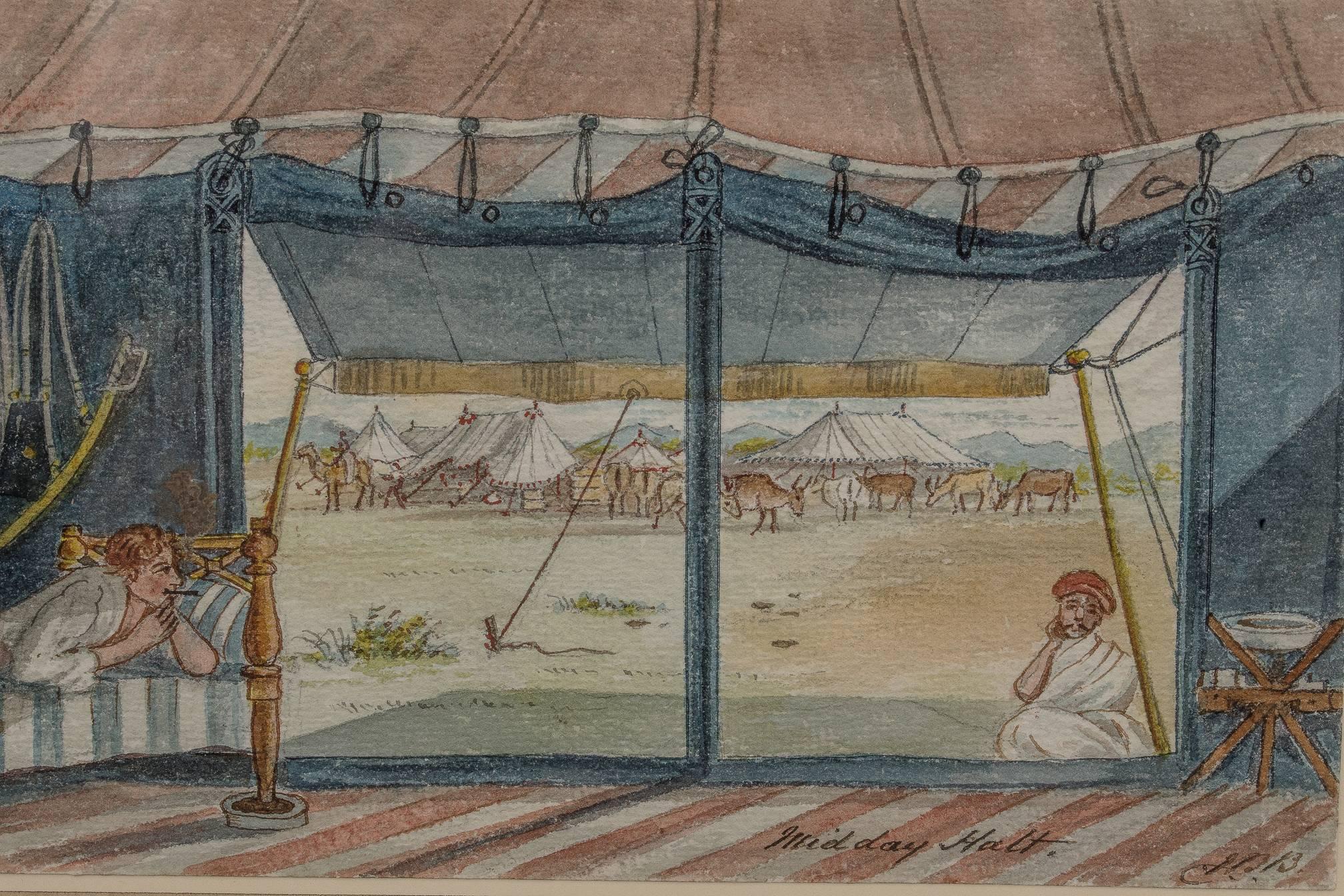 Paper 'Campaign' a Fine Early 19th Century Watercolor Depicting Travel in India For Sale