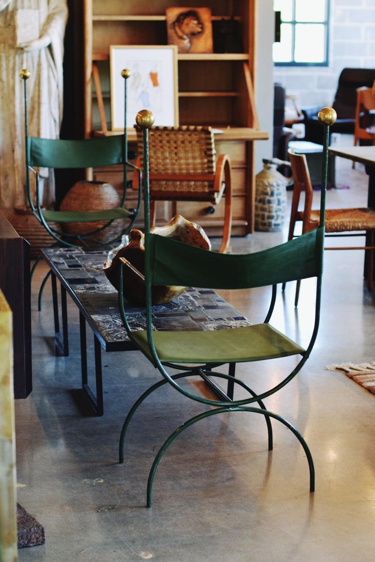 Campaign Chairs with Green Leather and Gilt Trim, France, 1940s at ...