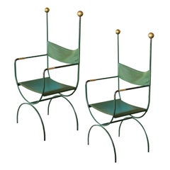 Campaign Chairs with Green Leather and Gilt Trim, France, 1940s