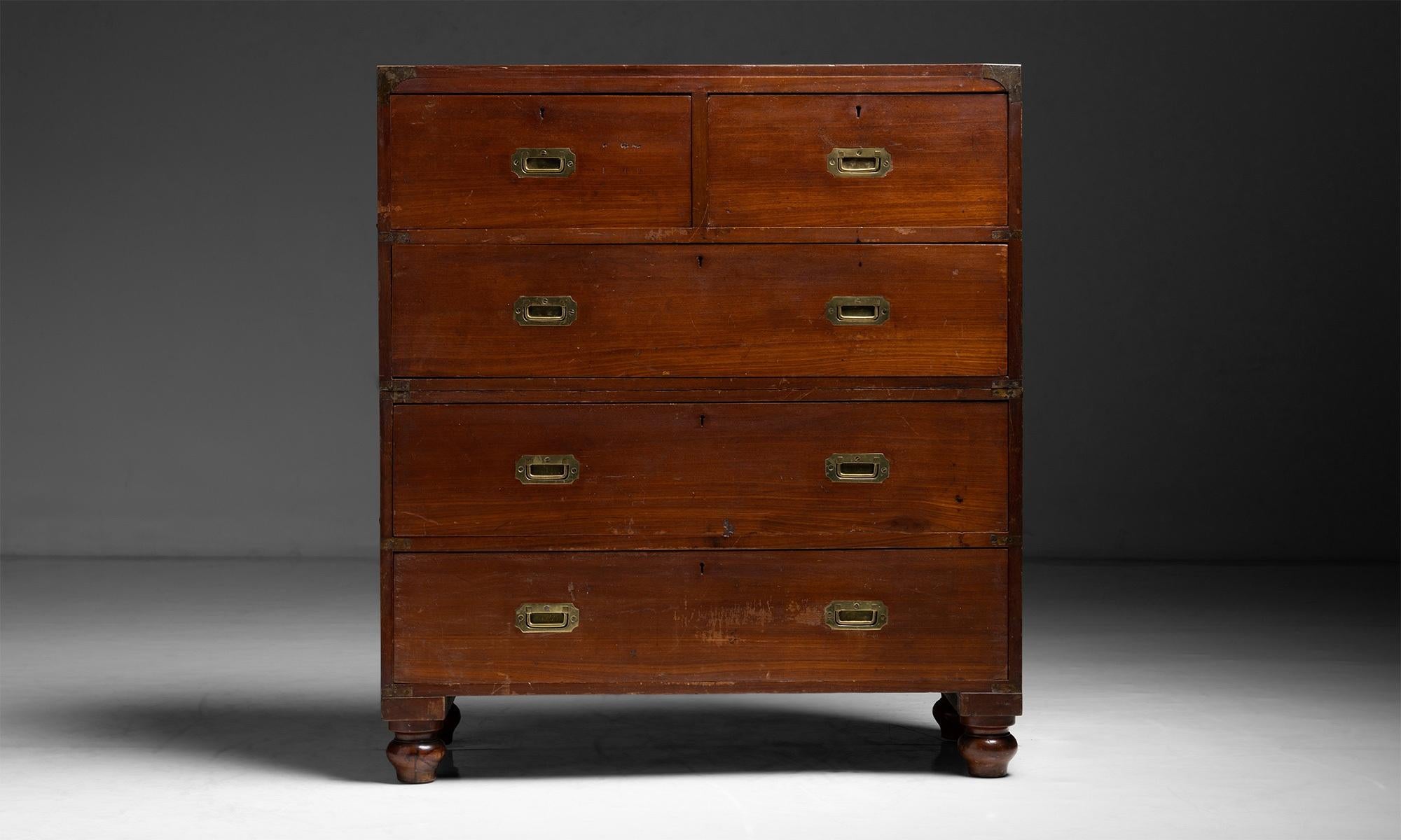 Campaign chest of drawers

England circa 1870

Chest of drawers constructed entirely of camphor wood with original brass hardware and bindings.

Measures: 40.5”L x 17.75”d x 45”h.
