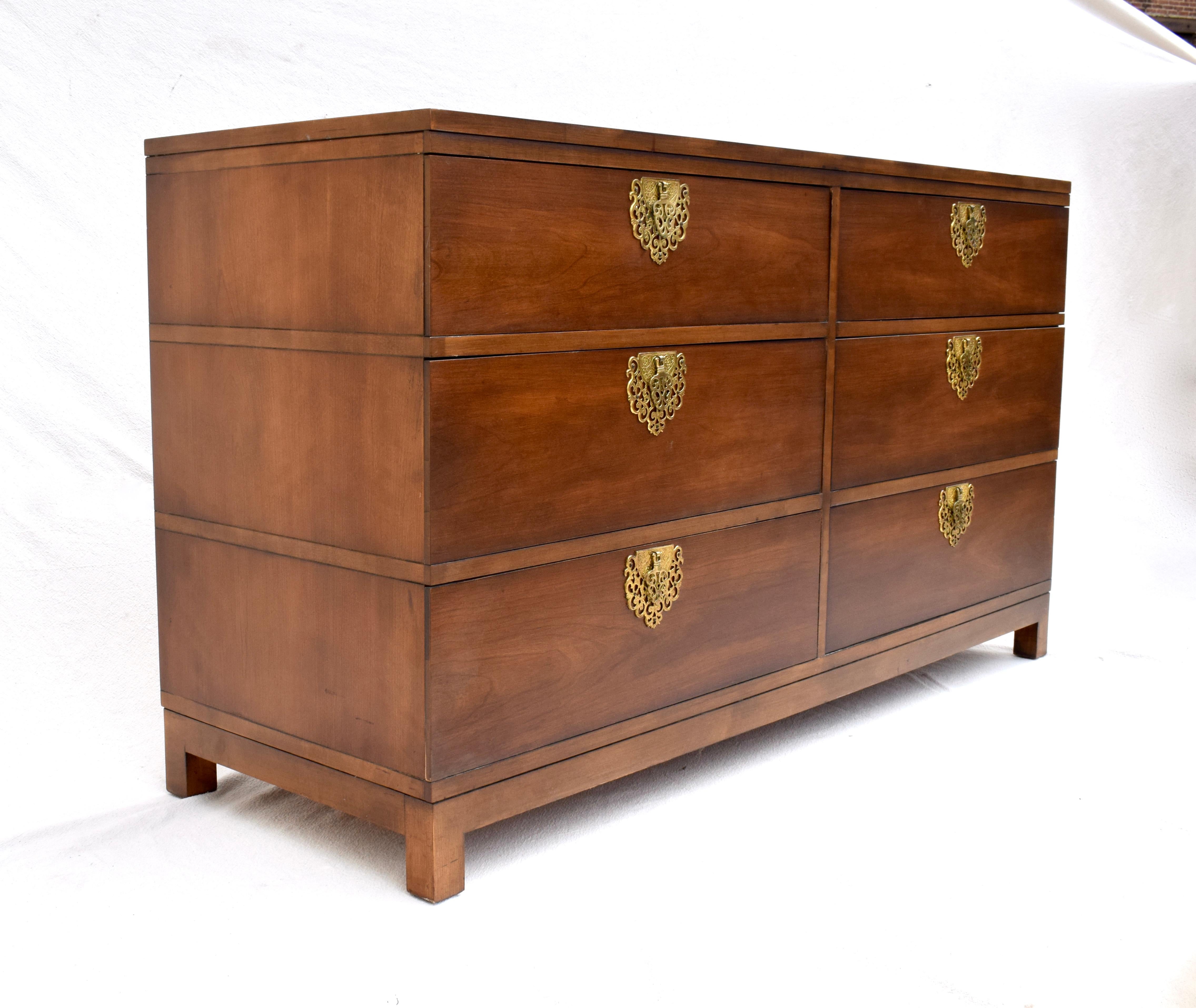1950's refinished six dovetailed drawer lowboy chest of drawers by Drexel Heritage, scarcely seen with understated Tansu, Pan Asian & Campaign design influences.
