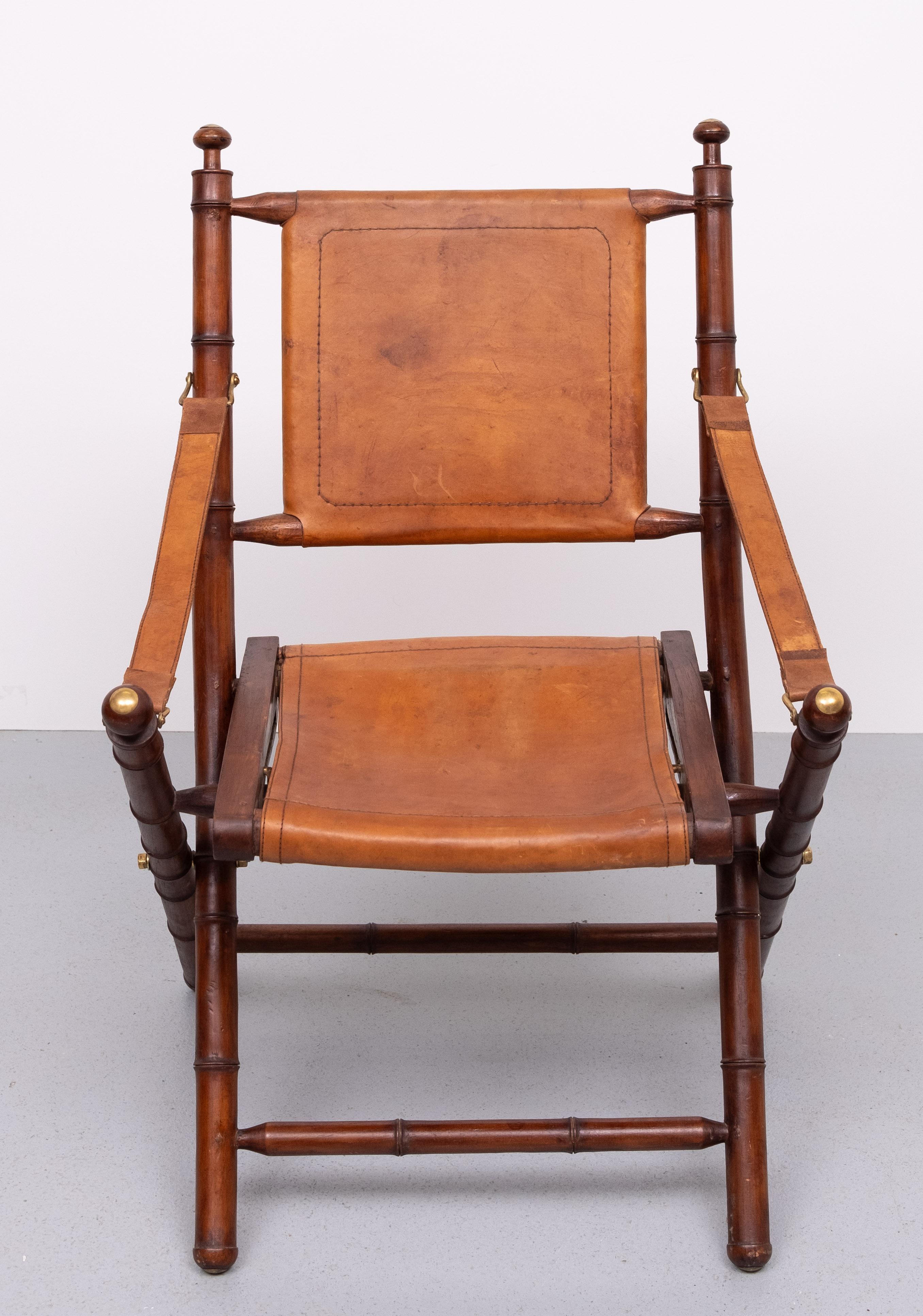 Mid-20th Century Campaign Cognac Leather Officers folding chair  1950s For Sale