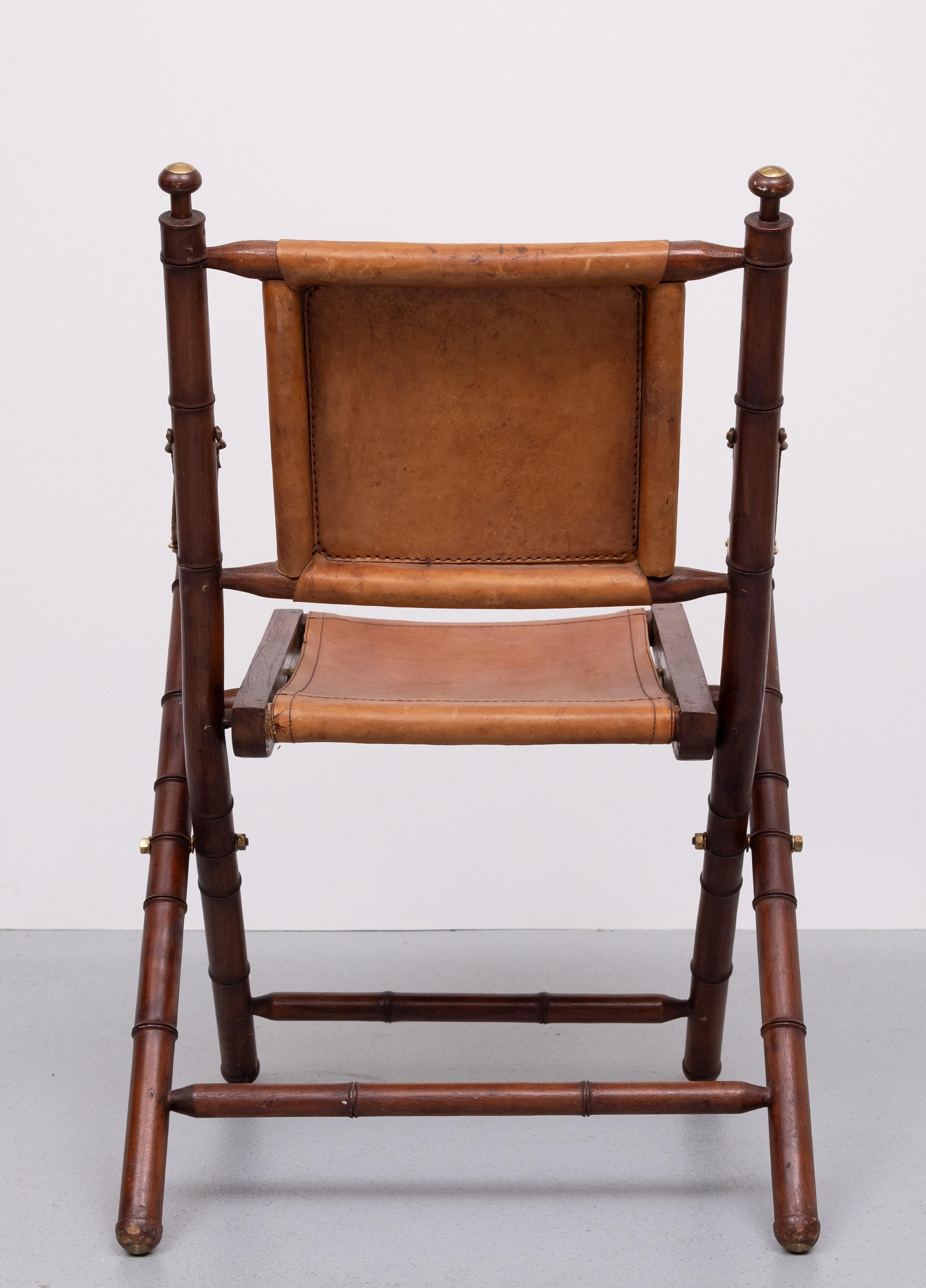 Campaign Cognac Leather Officers folding chair  1950s For Sale 1