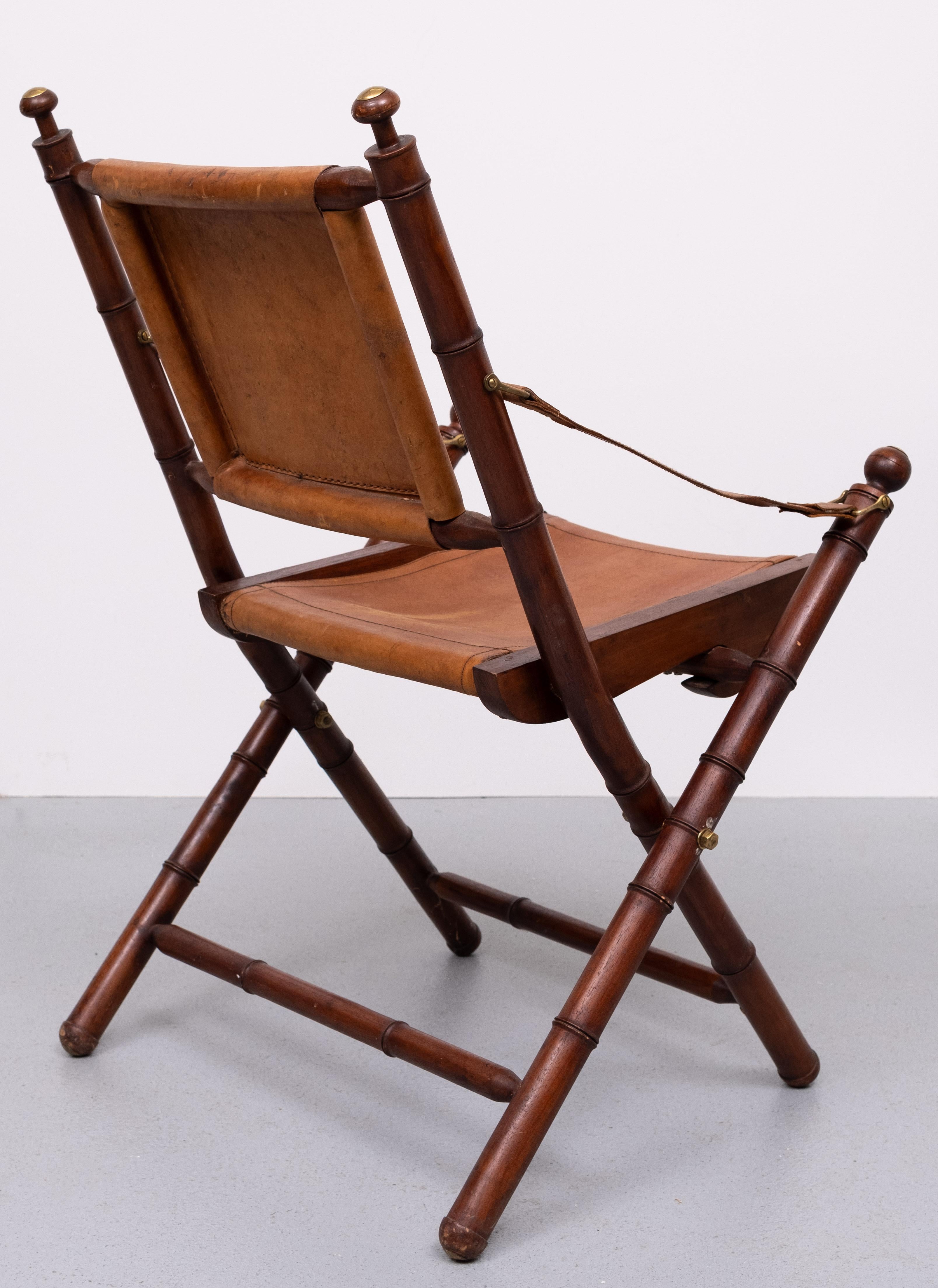 Campaign Cognac Leather Officers folding chair  1950s For Sale 3