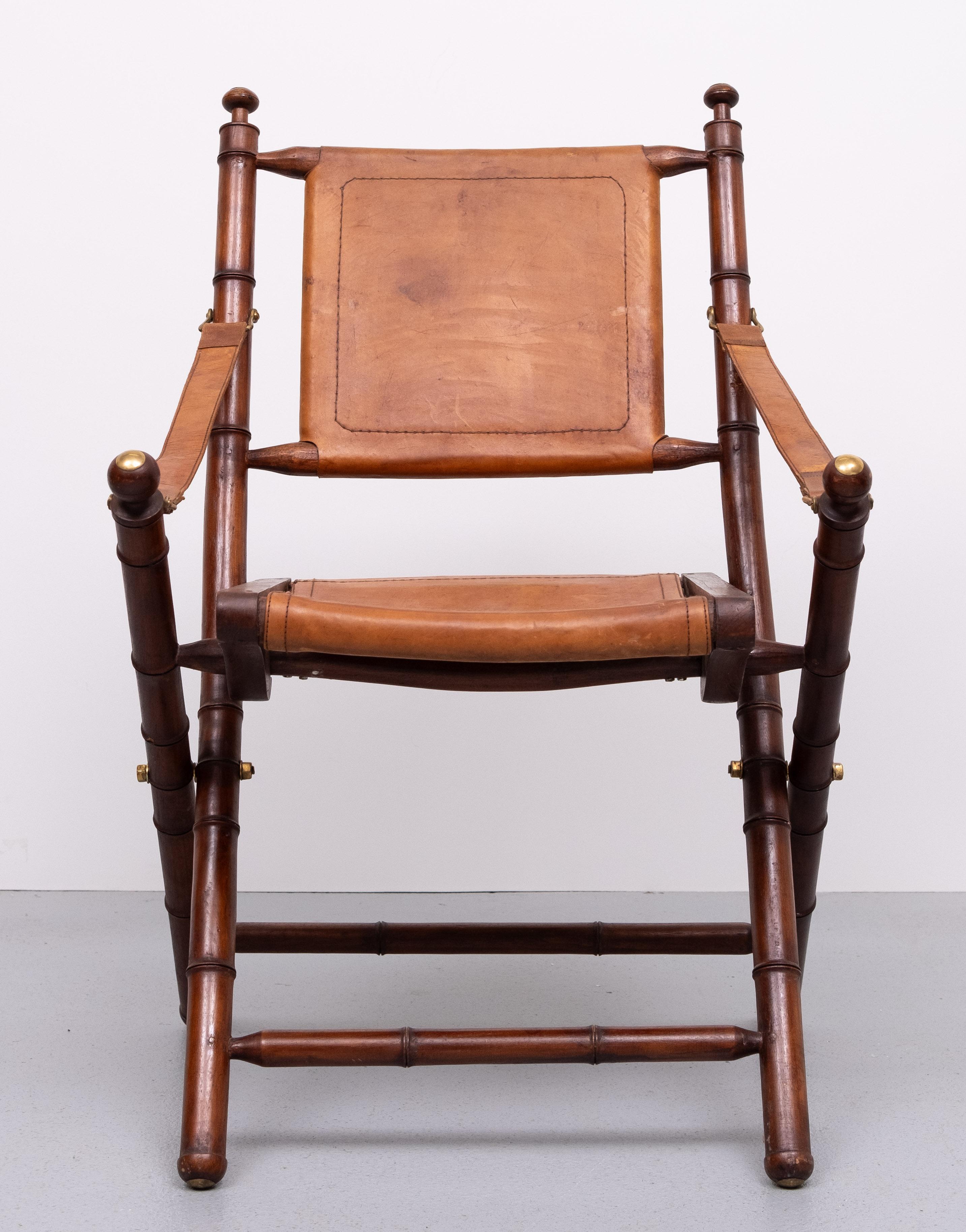 Campaign Cognac Leather Officers folding chair  1950s For Sale 4