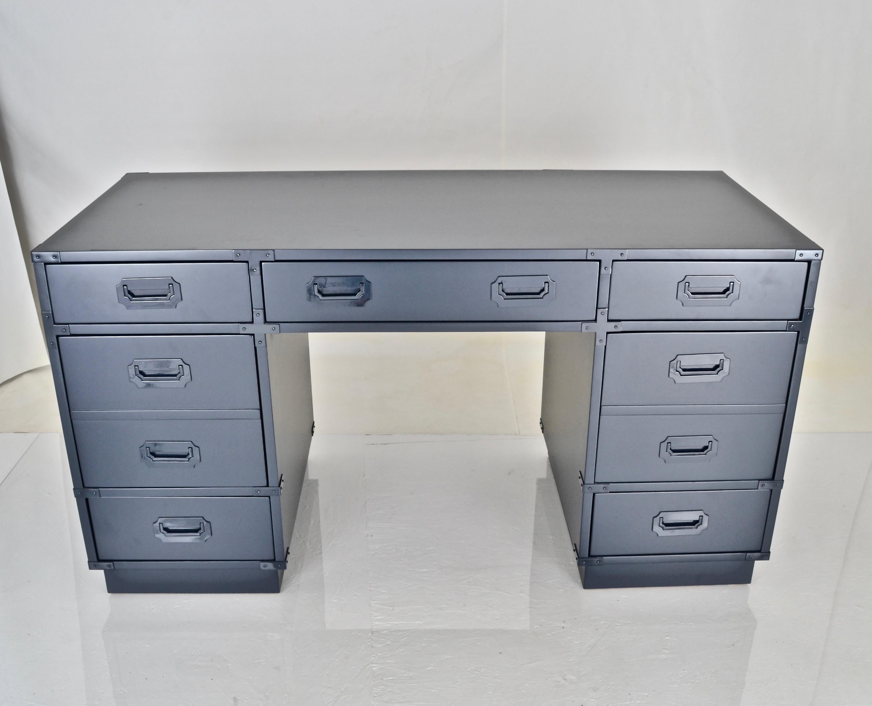 Campaign Desk Custom Lacquered in Polo Blue In Good Condition In Norwalk, CT
