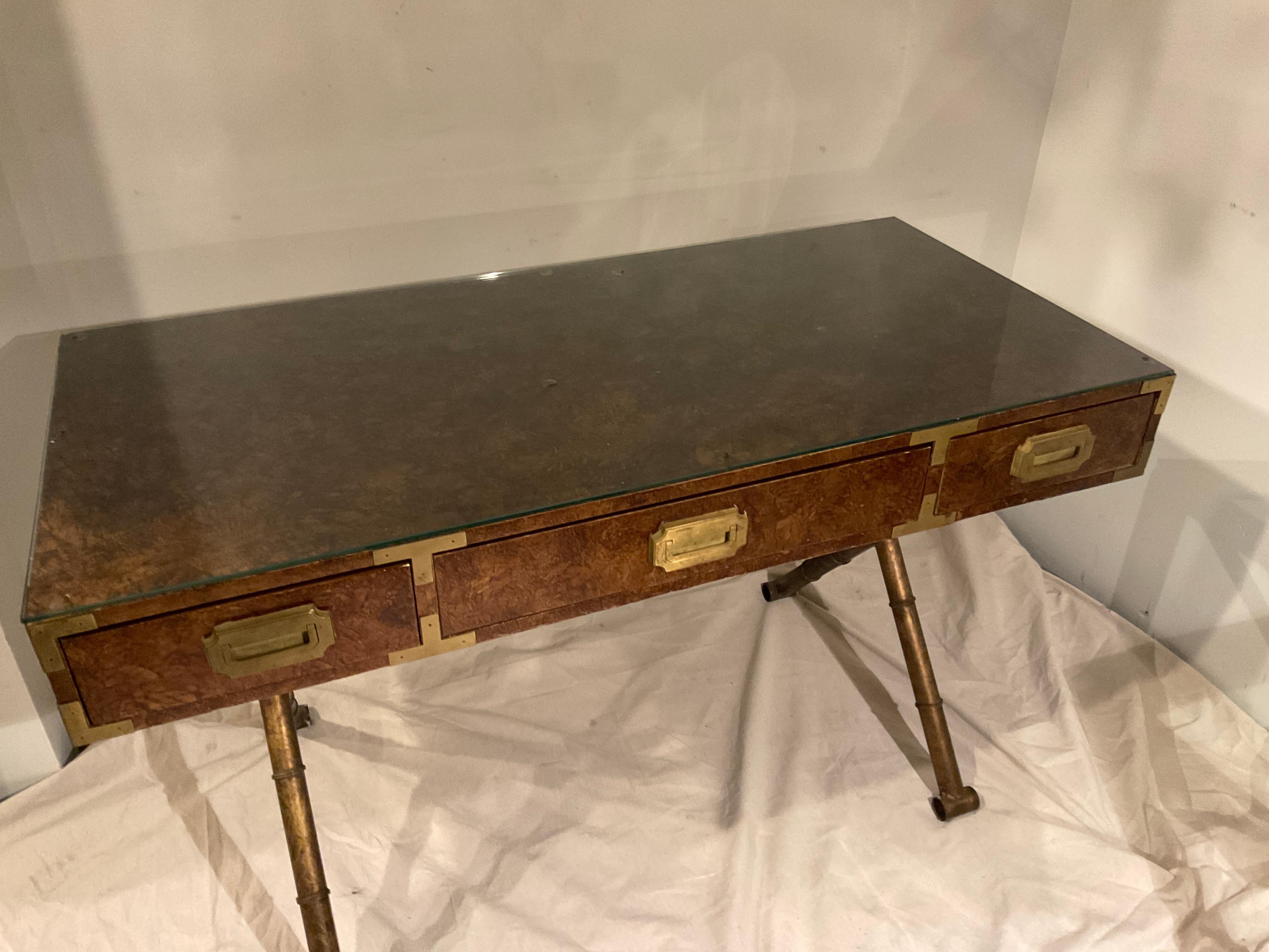 Campaign Desk On Faux Bamboo Metal Base With Brass Hardware In Good Condition For Sale In Tarrytown, NY