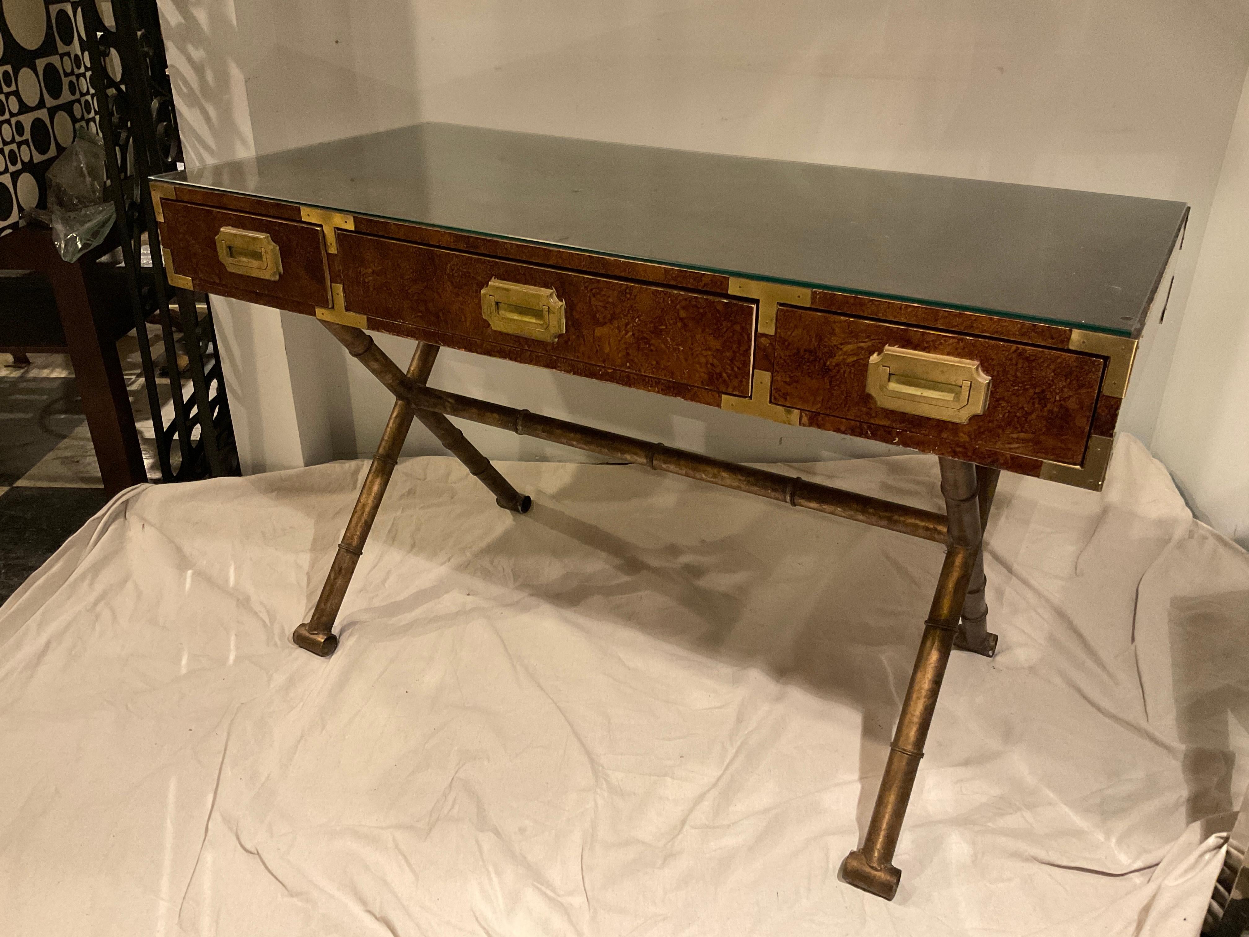 Late 20th Century Campaign Desk On Faux Bamboo Metal Base With Brass Hardware For Sale
