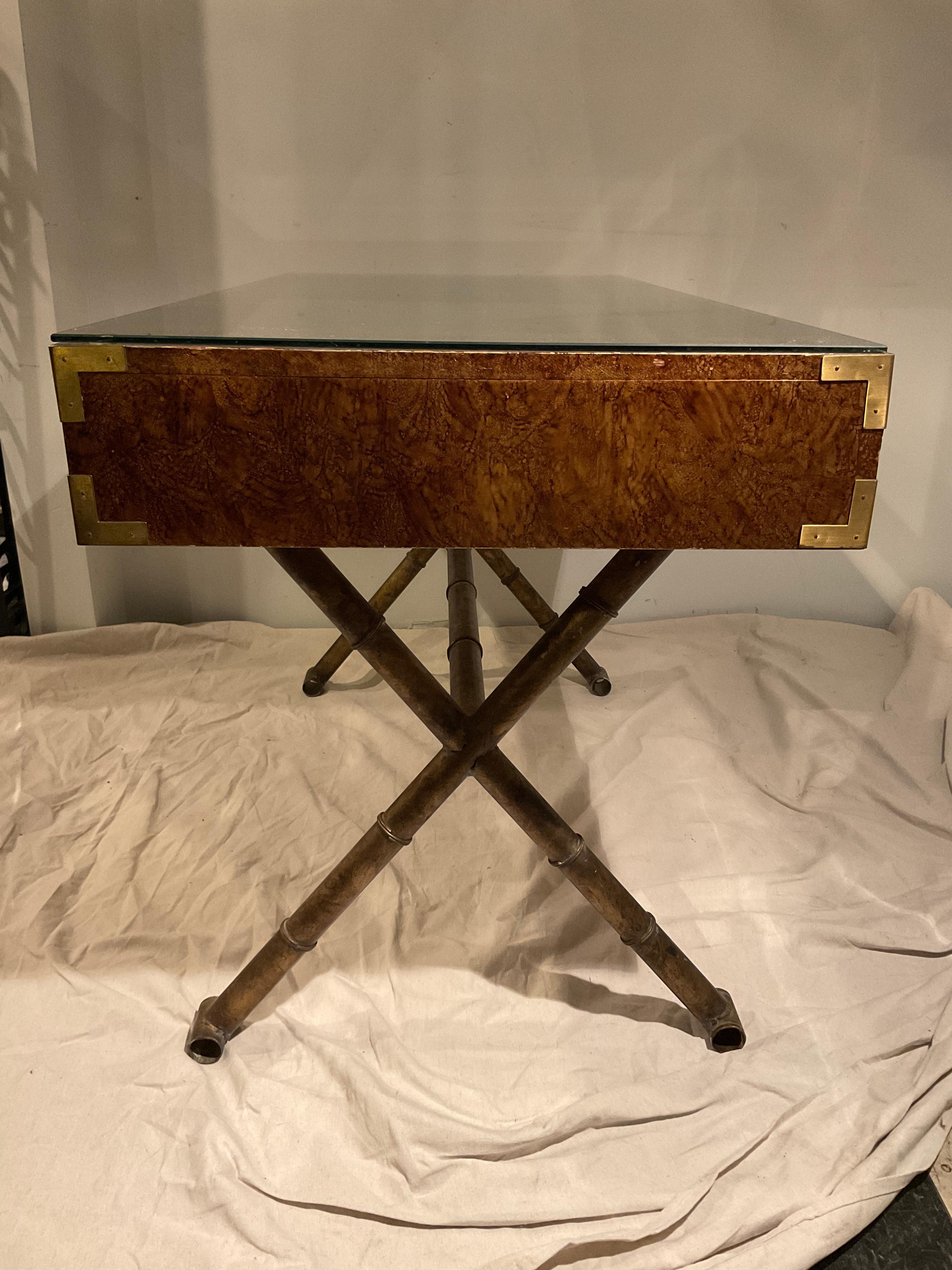 Steel Campaign Desk On Faux Bamboo Metal Base With Brass Hardware For Sale