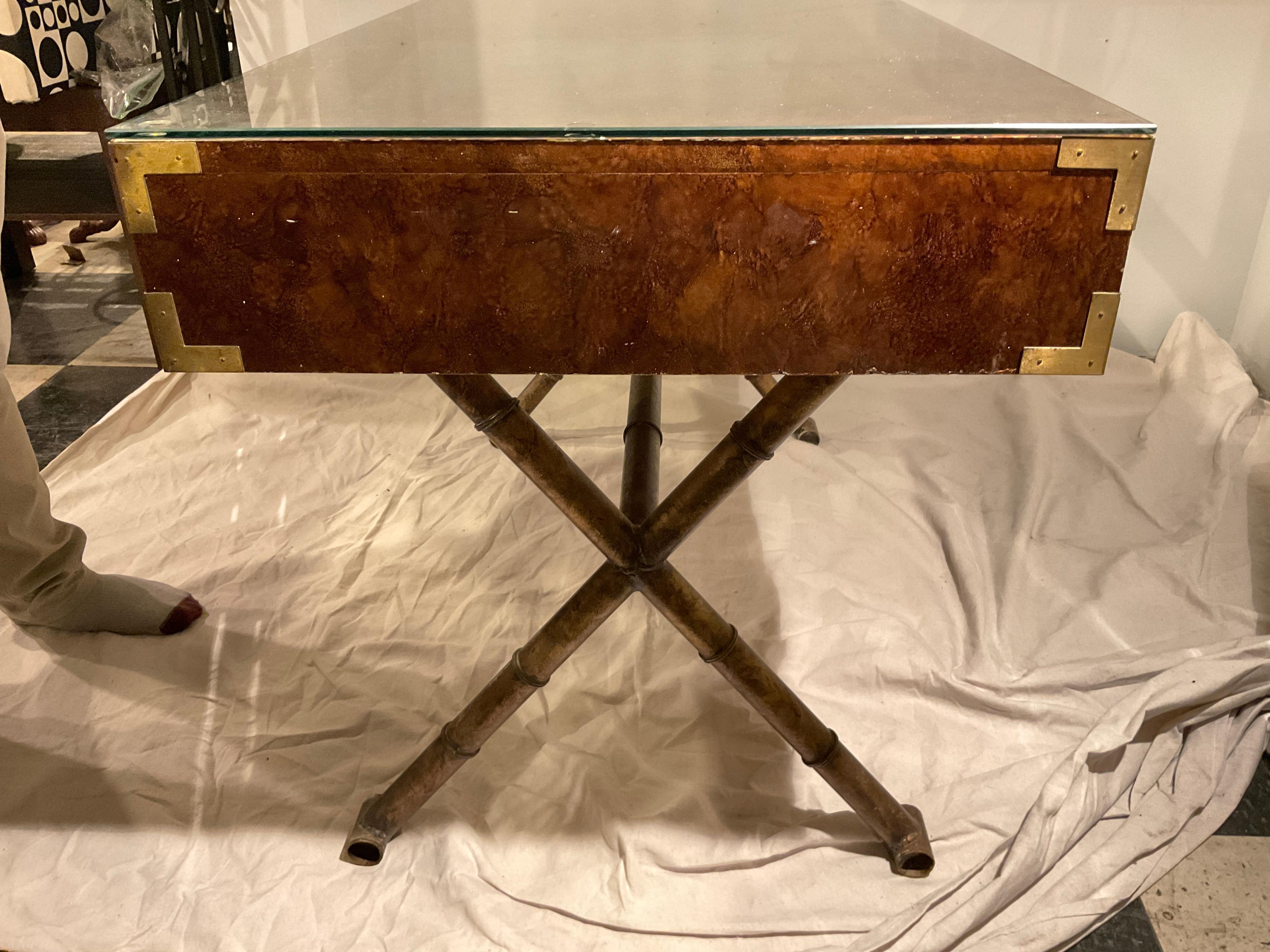 Campaign Desk On Faux Bamboo Metal Base With Brass Hardware For Sale 2