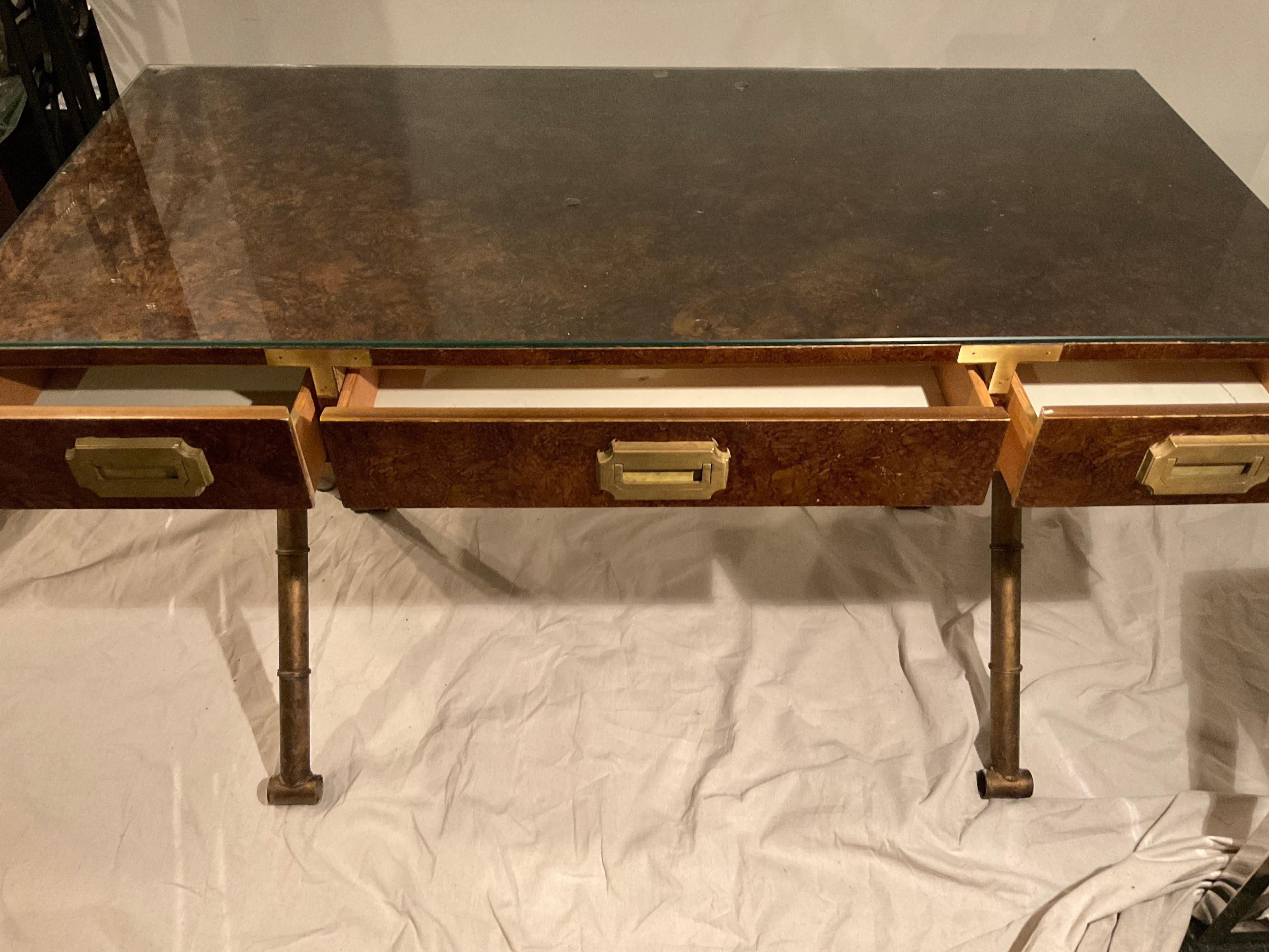 Campaign Desk On Faux Bamboo Metal Base With Brass Hardware For Sale 4