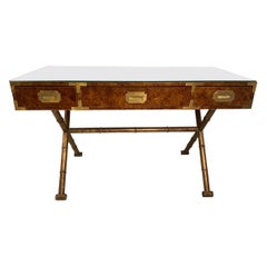 Campaign Desk On Faux Bamboo Metal Base With Brass Hardware