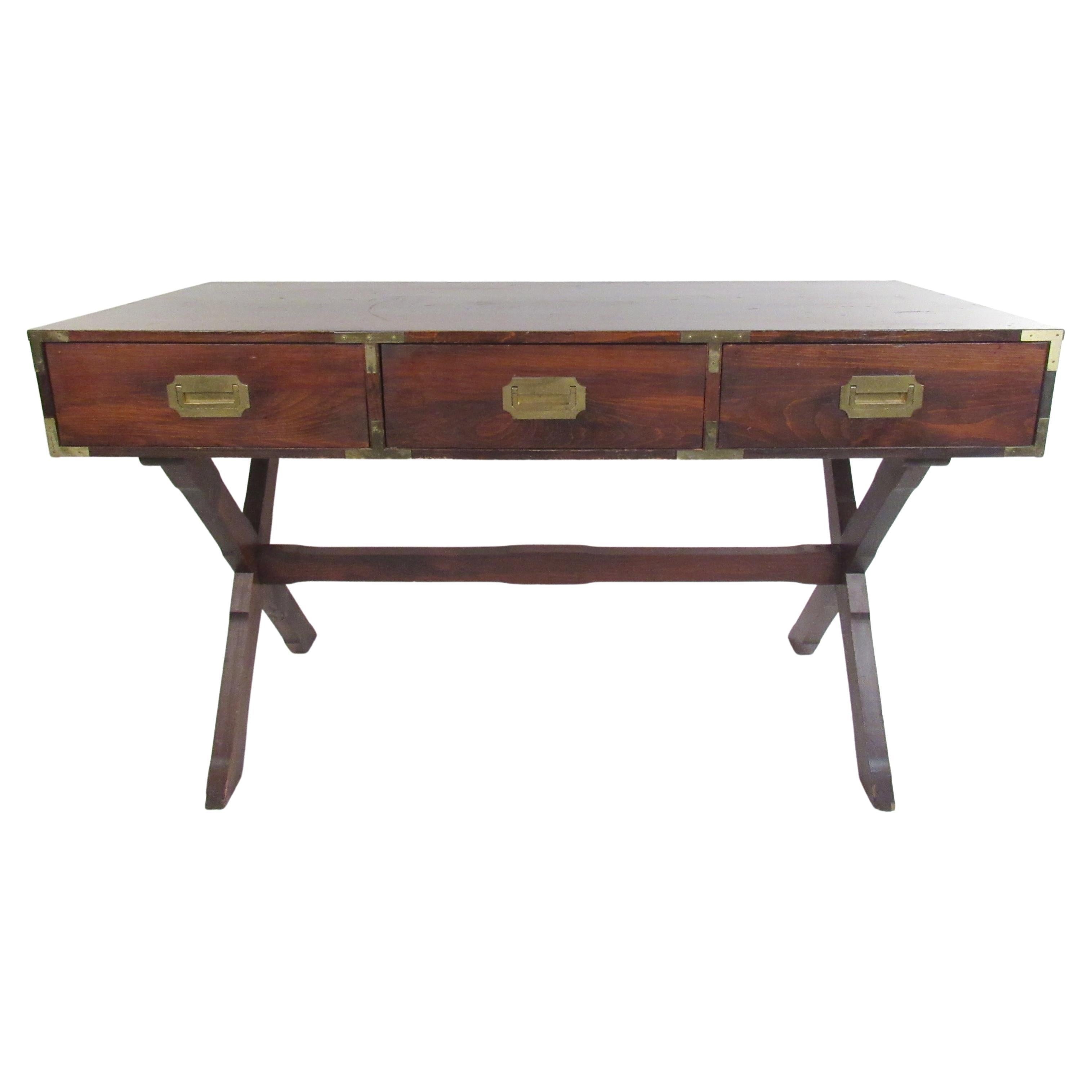 1960's Paduck Wood Campaign Desk with Brass Hardware and Leather Top at