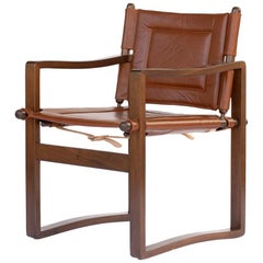 Campaign Dining Chair with Orange Leather in Medium or Dark Walnut