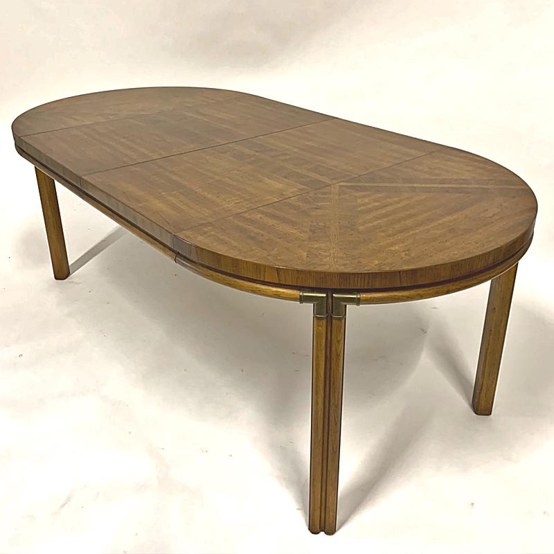Campaign Inlaid Burl & Pecan Round to Oval Dining Table with 2 Extension Leaves 6