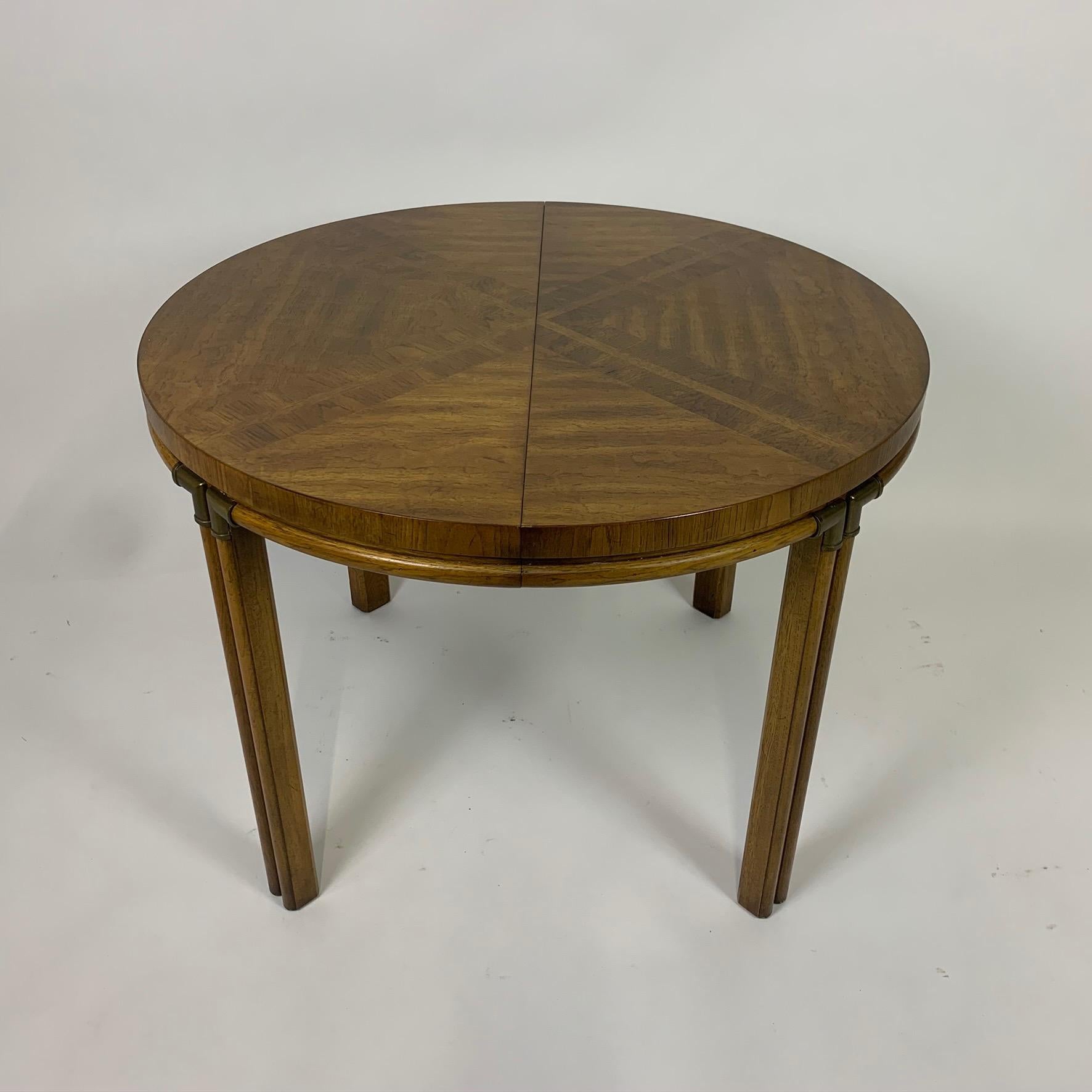 Campaign Inlaid Burl & Pecan Round to Oval Dining Table with 2 Extension Leaves 9