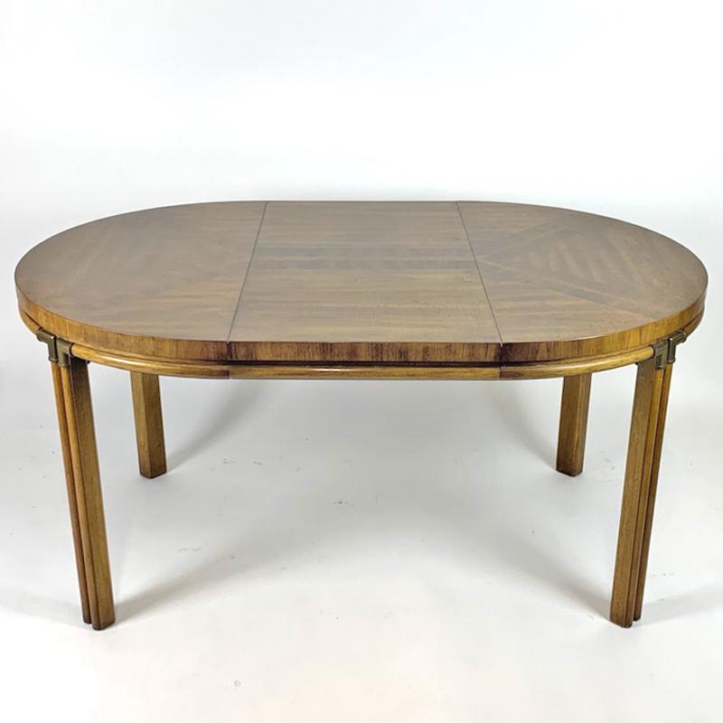 Campaign Inlaid Burl & Pecan Round to Oval Dining Table with 2 Extension Leaves 10