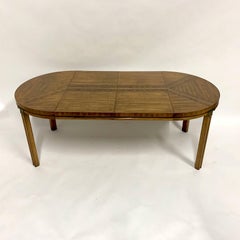 Campaign Inlaid Burl & Pecan Round to Oval Dining Table with 2 Extension Leaves