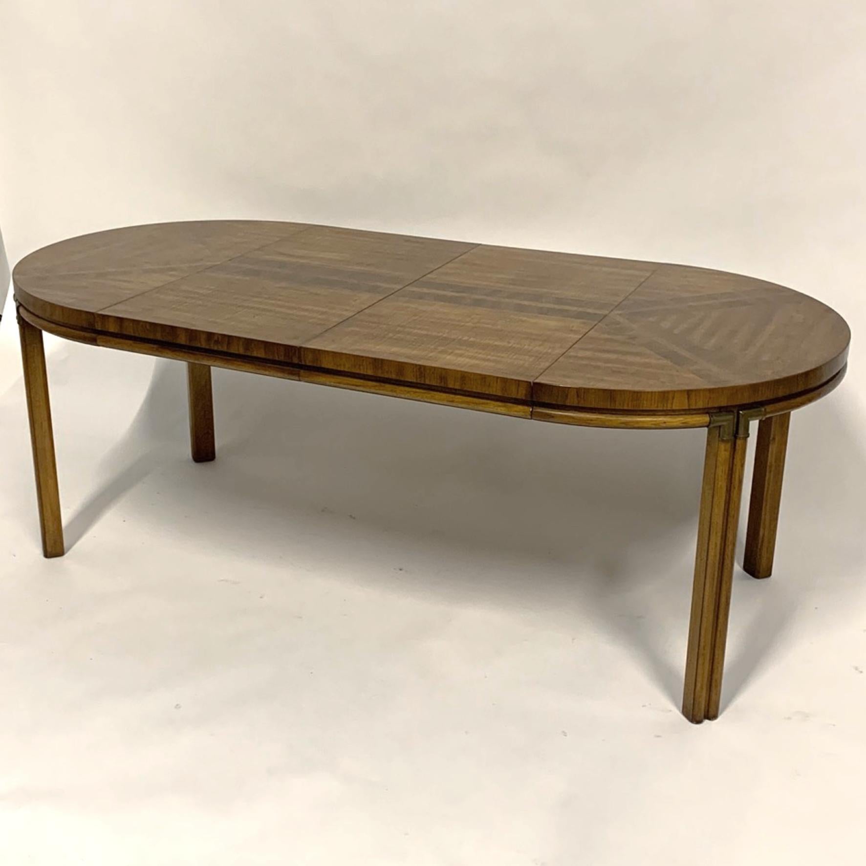 Mid-Century Modern Campaign Inlaid Burl & Pecan Round to Oval Dining Table with 2 Extension Leaves