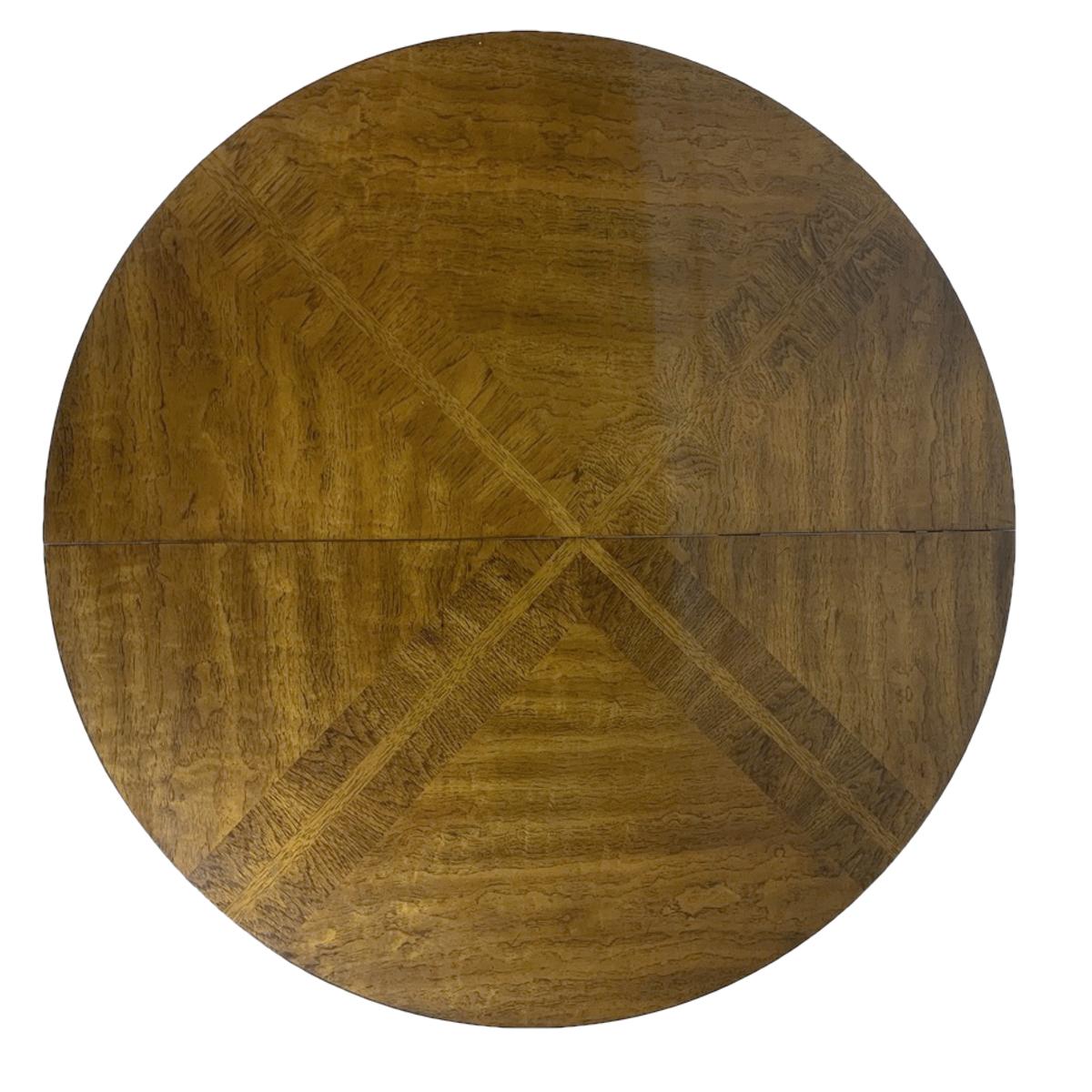 American Campaign Inlaid Burl & Pecan Round to Oval Dining Table with 2 Extension Leaves