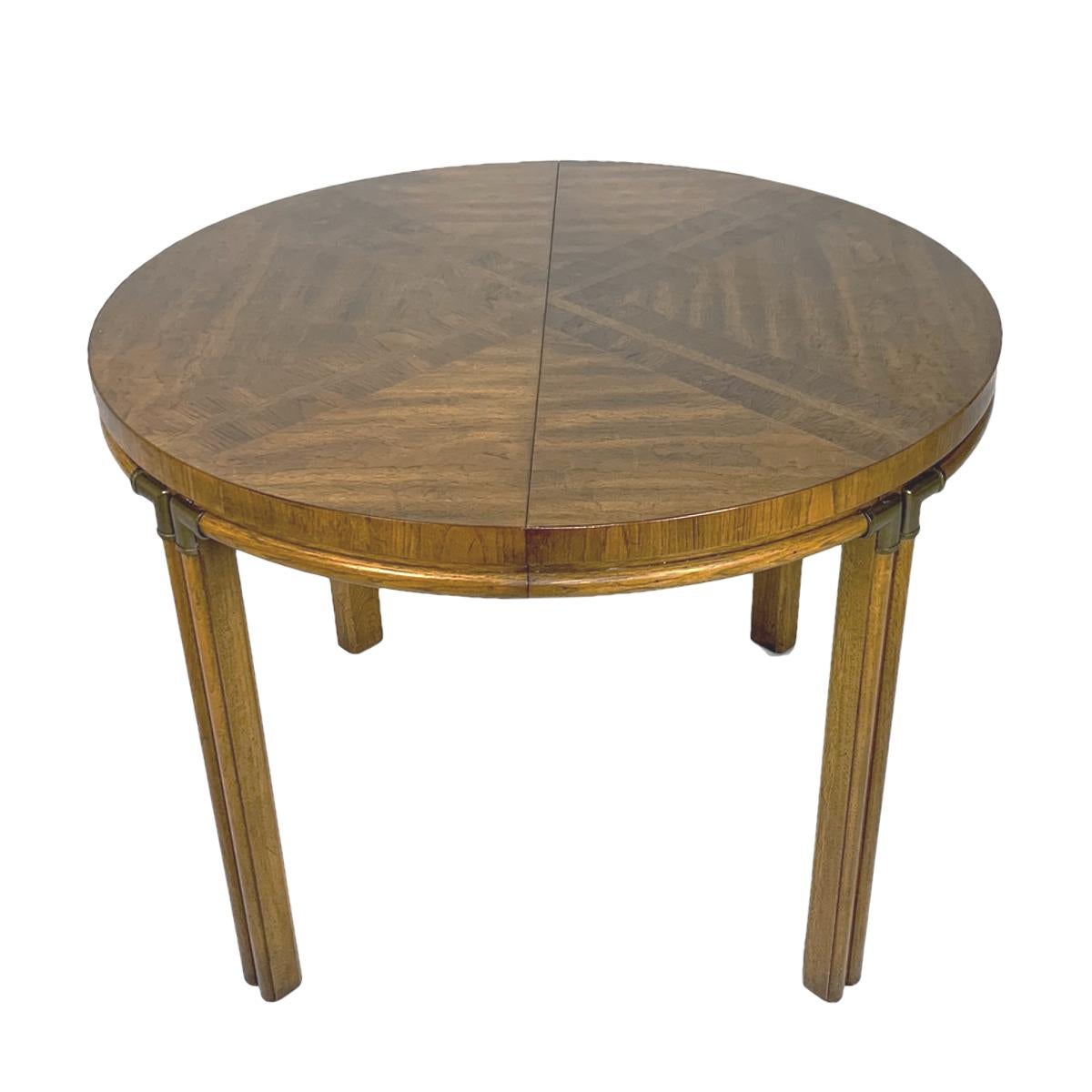 Marquetry Campaign Inlaid Burl & Pecan Round to Oval Dining Table with 2 Extension Leaves
