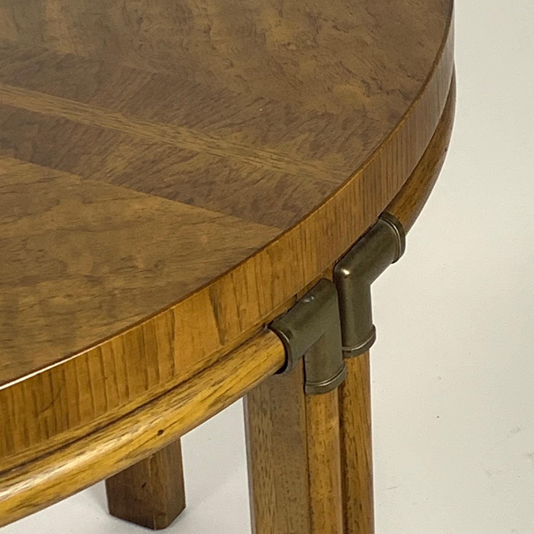 20th Century Campaign Inlaid Burl & Pecan Round to Oval Dining Table with 2 Extension Leaves