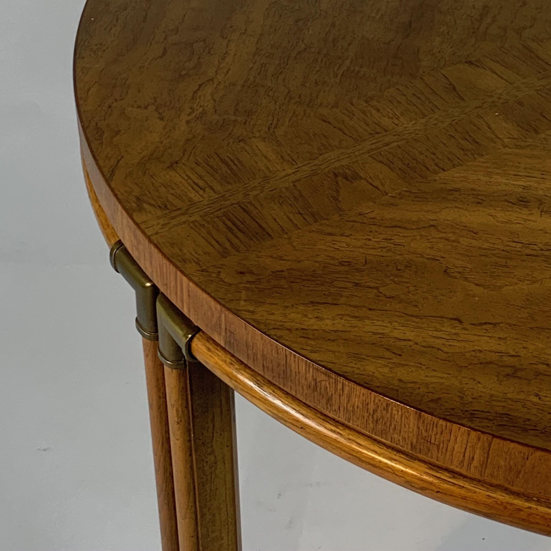 Brass Campaign Inlaid Burl & Pecan Round to Oval Dining Table with 2 Extension Leaves