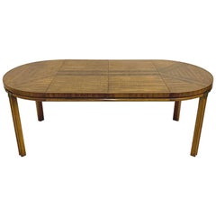 Campaign Inlaid Burl & Pecan Round to Oval Dining Table with 2 Extension Leaves